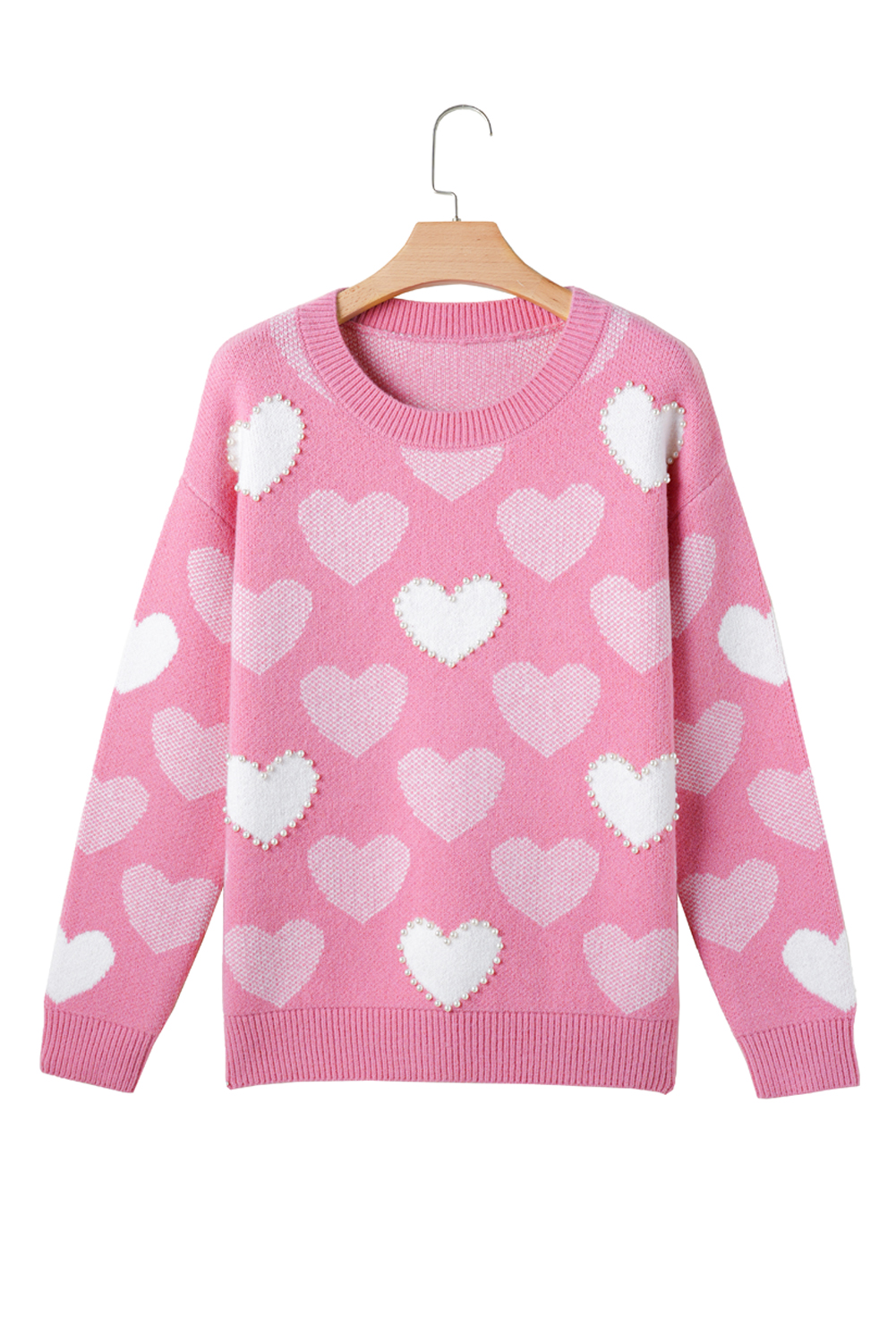 Pink Pearled Heart Print Valentines Crew Neck Sweater - loveforevers