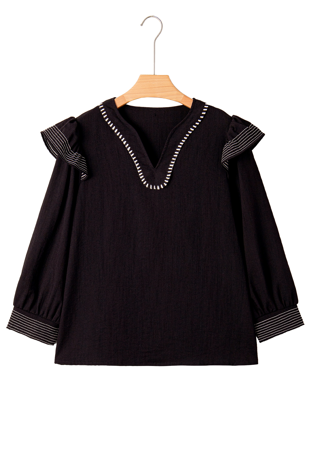 Black Contrast Stitched Detail V Neck Ruffle Long Sleeve Blouse - loveforevers