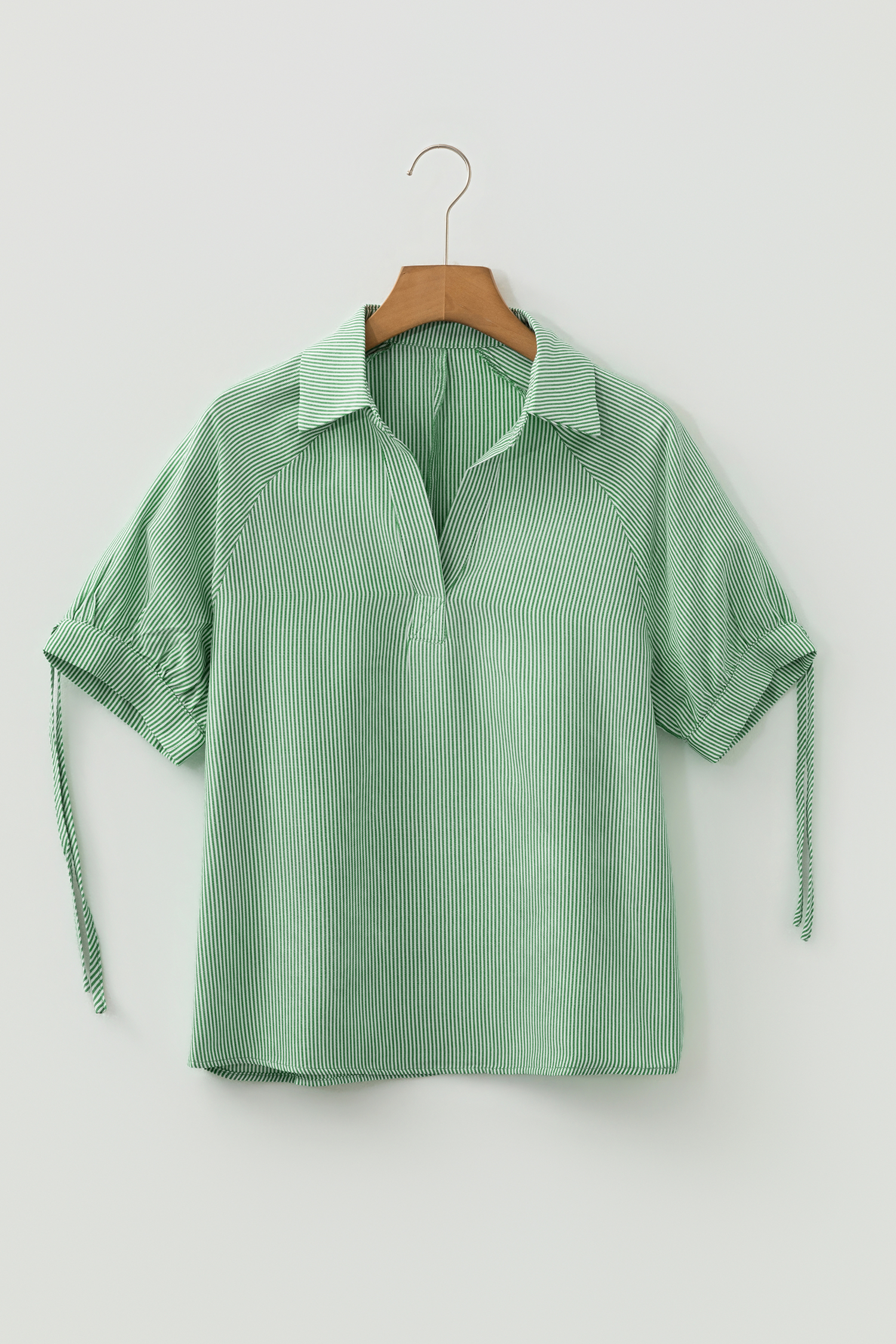 Mint Green Striped Print Collared Split Neck Half Sleeve Blouse - loveforevers