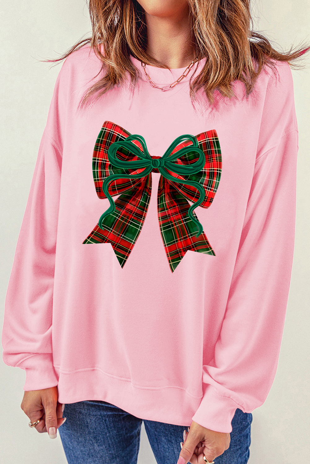 Pink Plaid Bow Christmas Vibe Print Sweatshirt - loveforevers