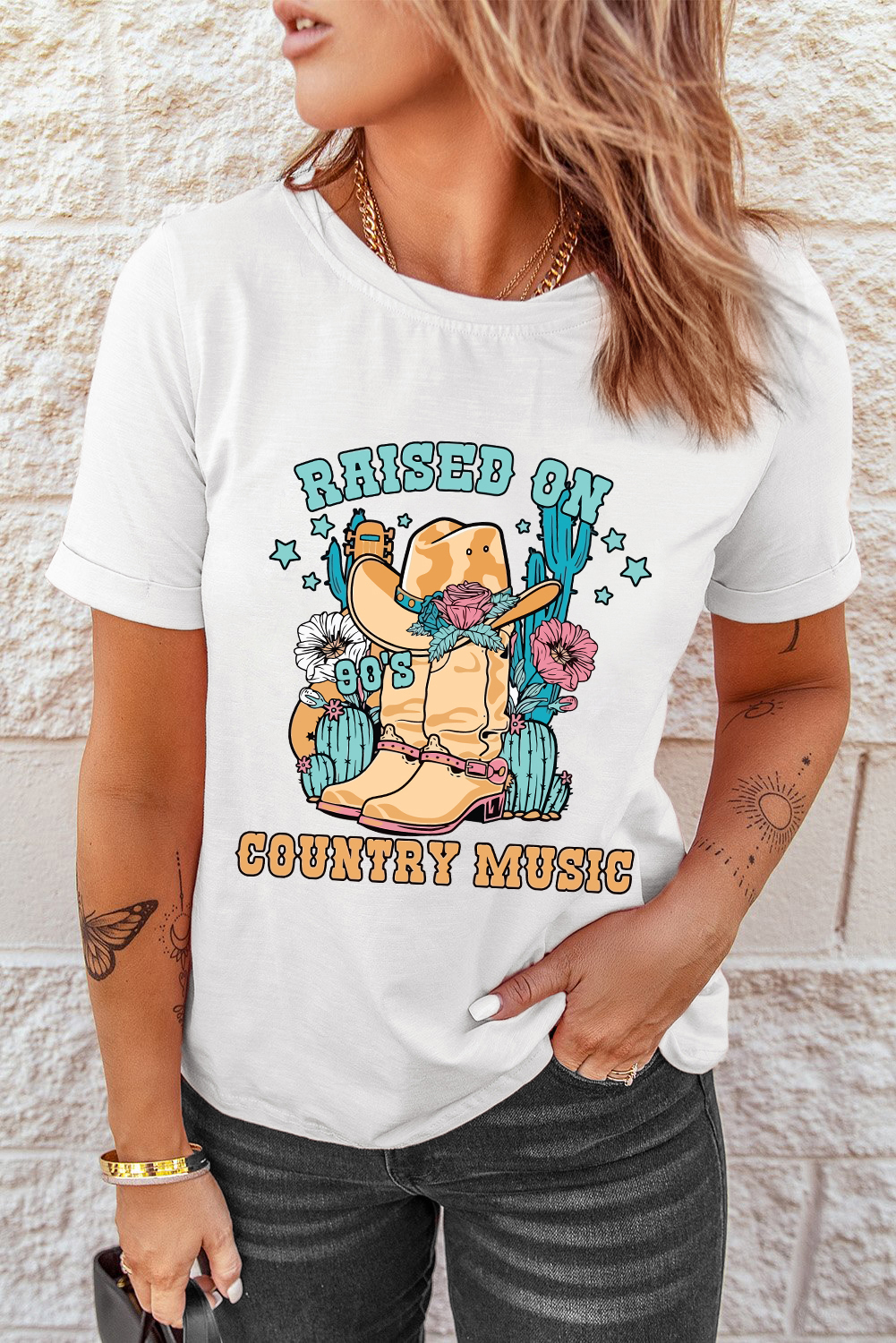 White RAISED ON COUNTRY MUSIC Western Graphic Tee - loveforevers
