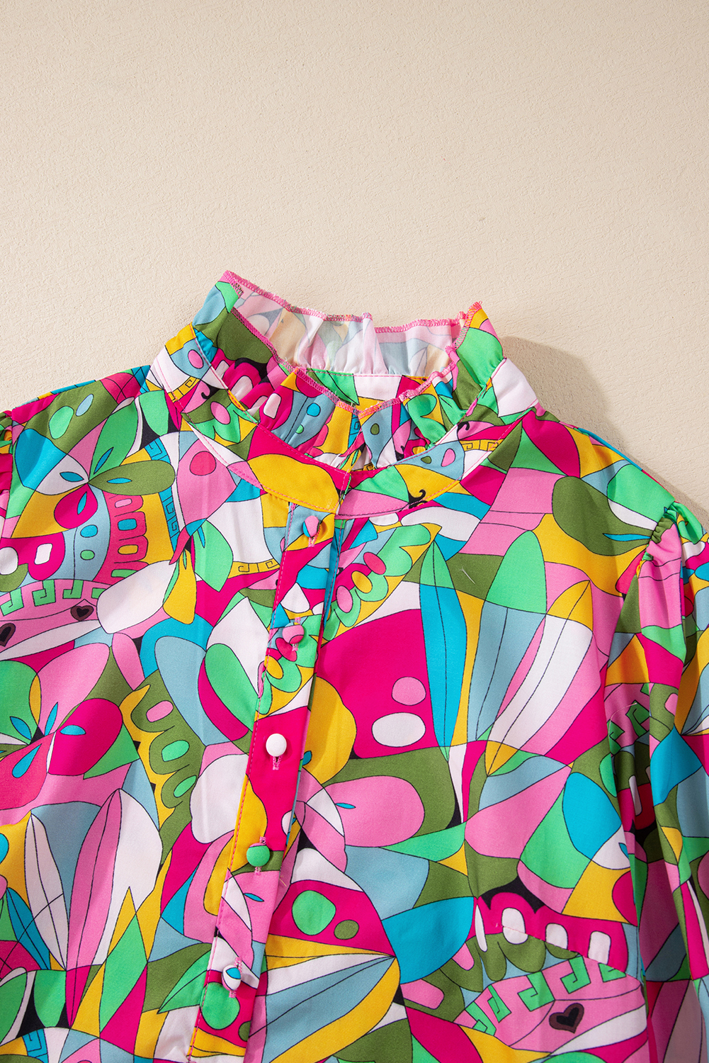 Pink Abstract Printed Lantern Sleeve Buttoned Mini Dress - loveforevers