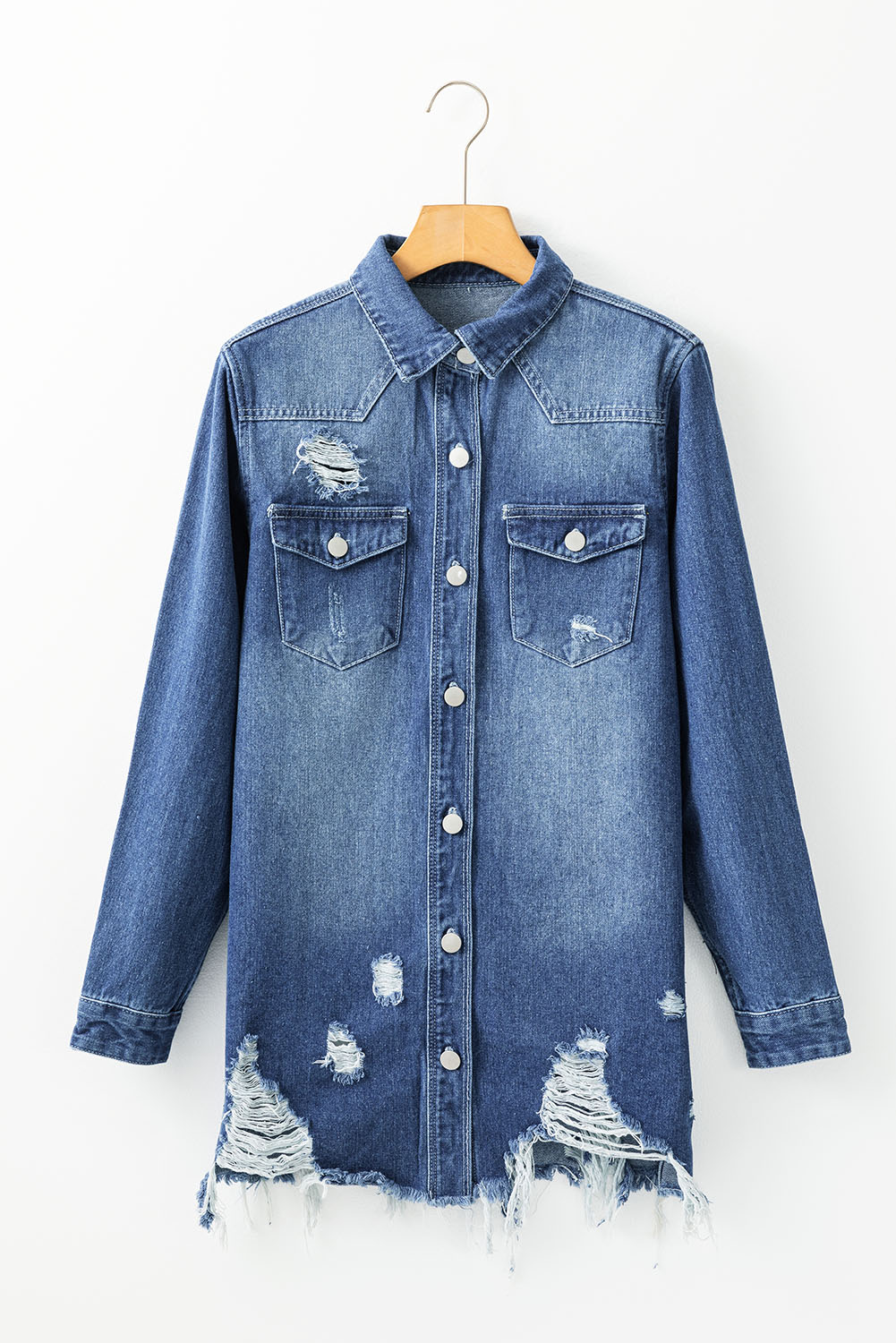 Sky Blue Light Wash Distressed Frayed Long Denim Jacket - loveforevers