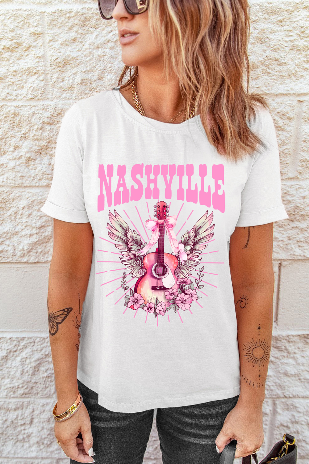 White NASHVILLE Guitar Graphic Music Festival T Shirt - loveforevers