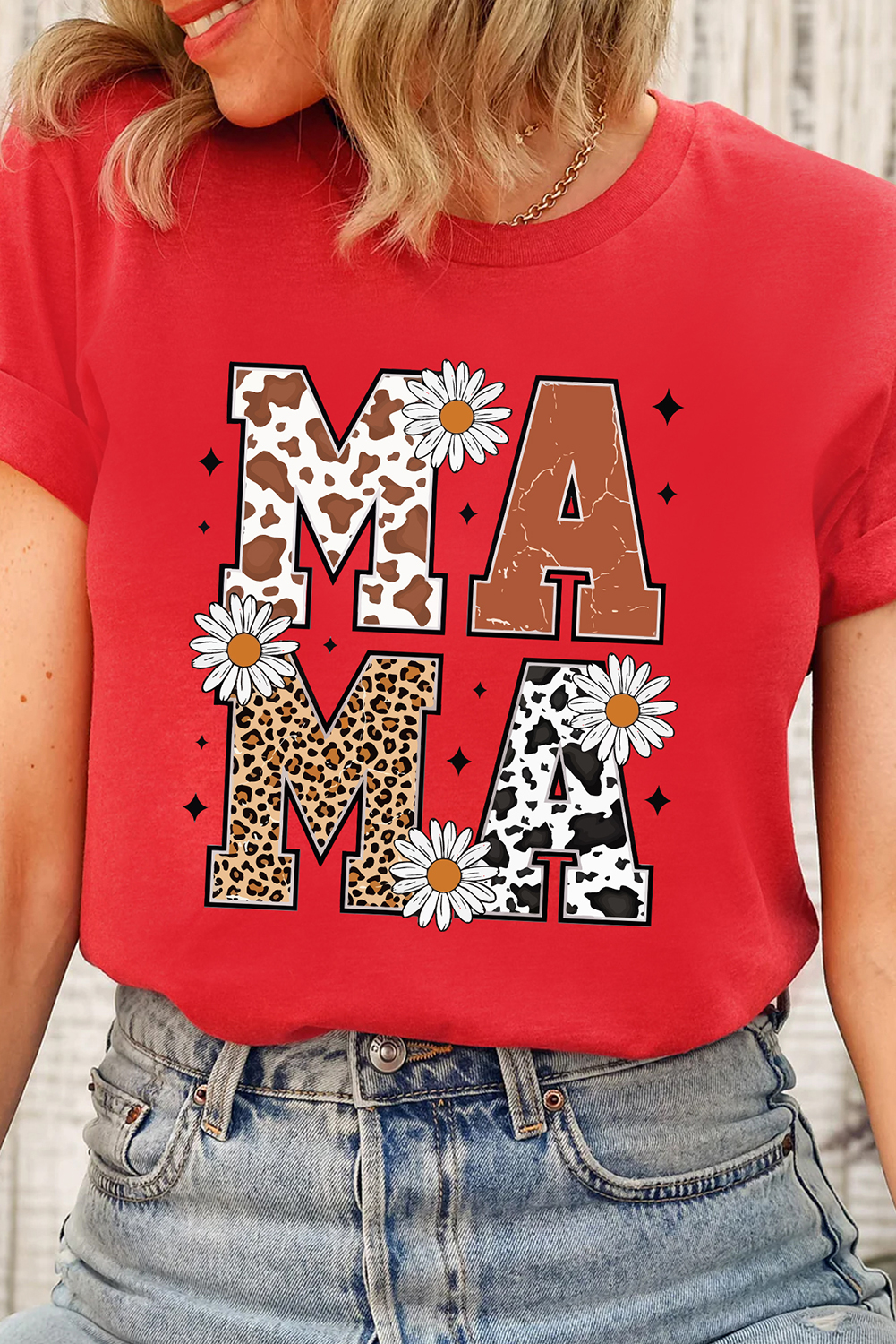 Red Western Animal Spots MAMA Letter Daisy Flower Printed Tee - loveforevers