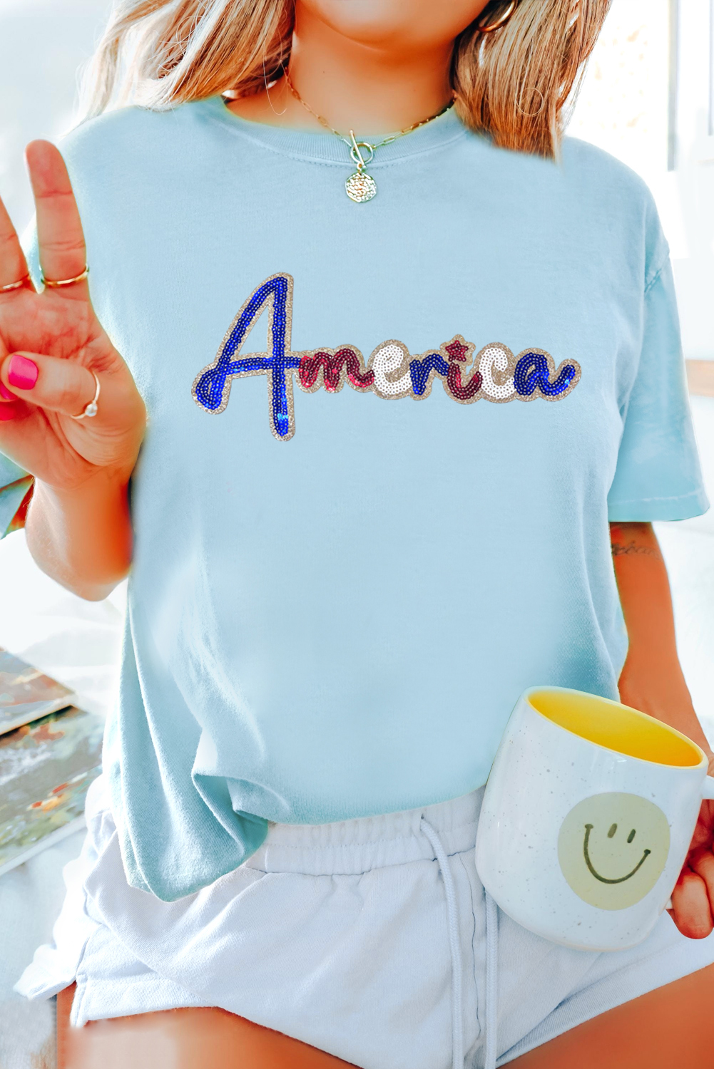 Light Blue Sequin America Graphic Crewneck Patriotic T Shirt - loveforevers