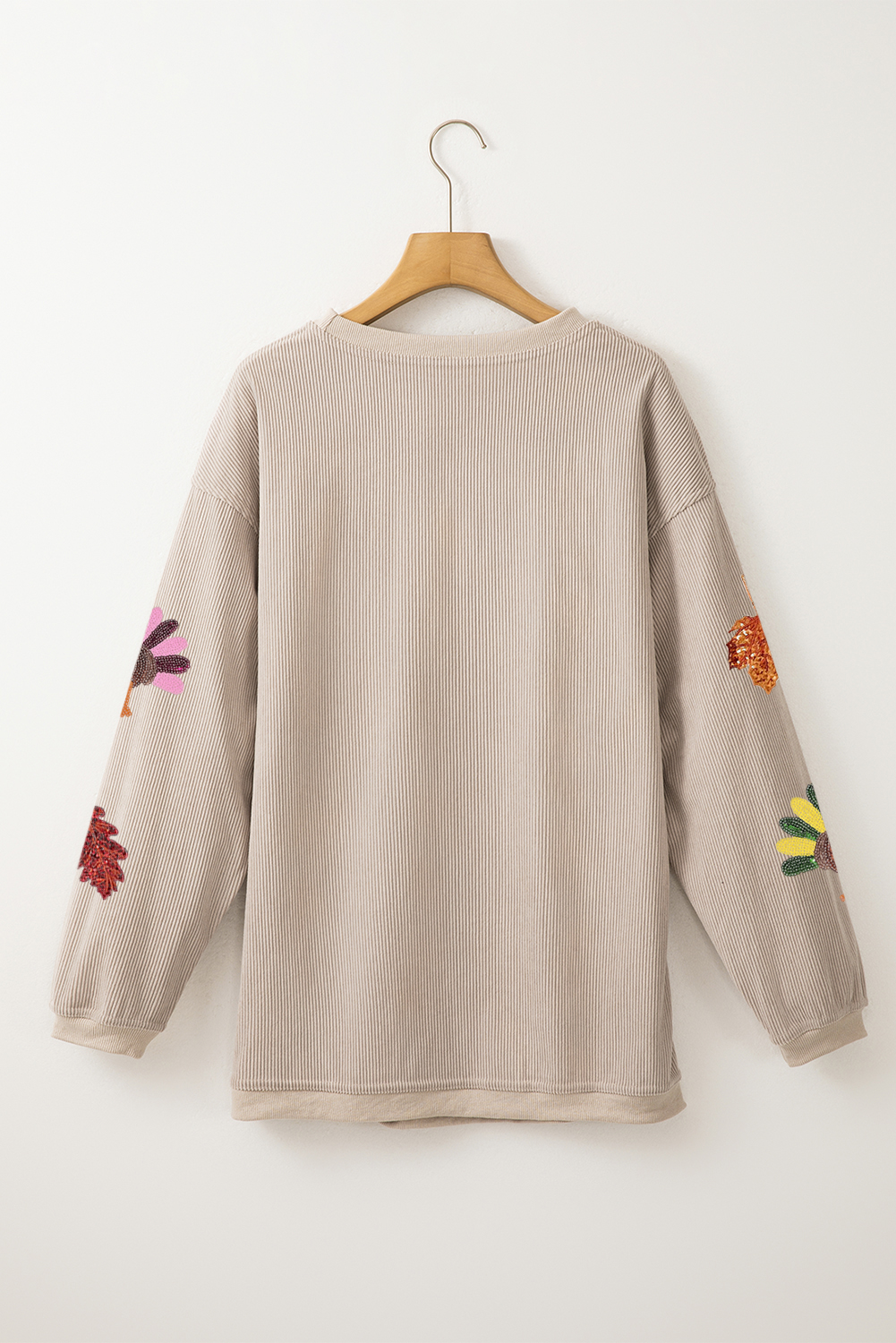 Smoke Gray 3D Ribbed Sequin Fall Leaf Turkey Graphic Baggy Sweatshirt - loveforevers