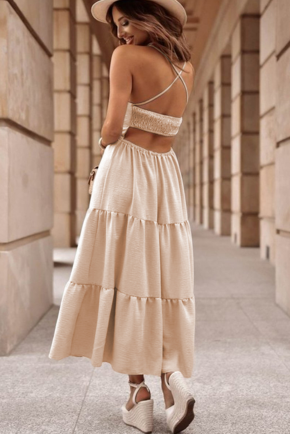 Oatmeal Crossover Backless Bodice Tiered Maxi Dress - loveforevers