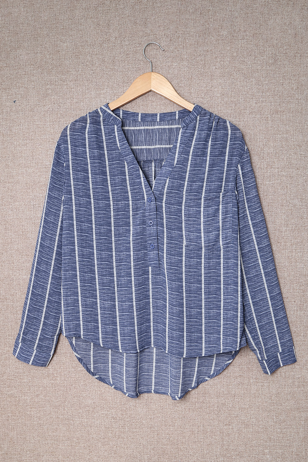 Blue Striped Print V Neck Half Buttons Loose Blouse - loveforevers