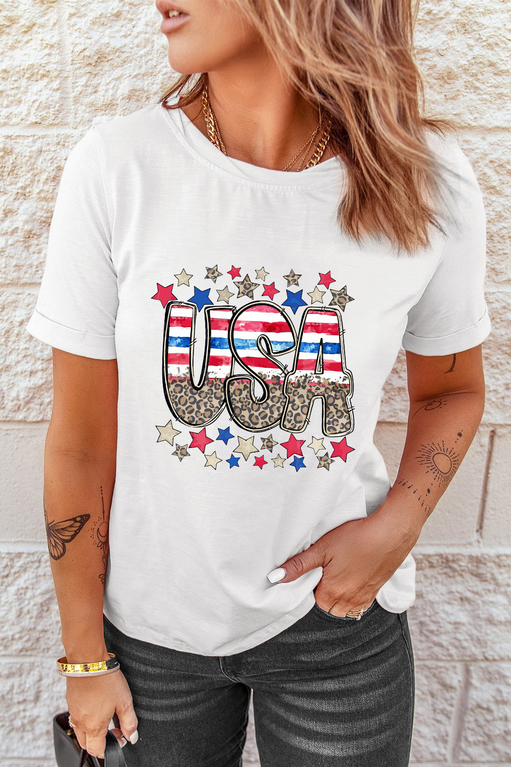 White Patriotic Star Leopard USA Letter Graphic T Shirt - loveforevers
