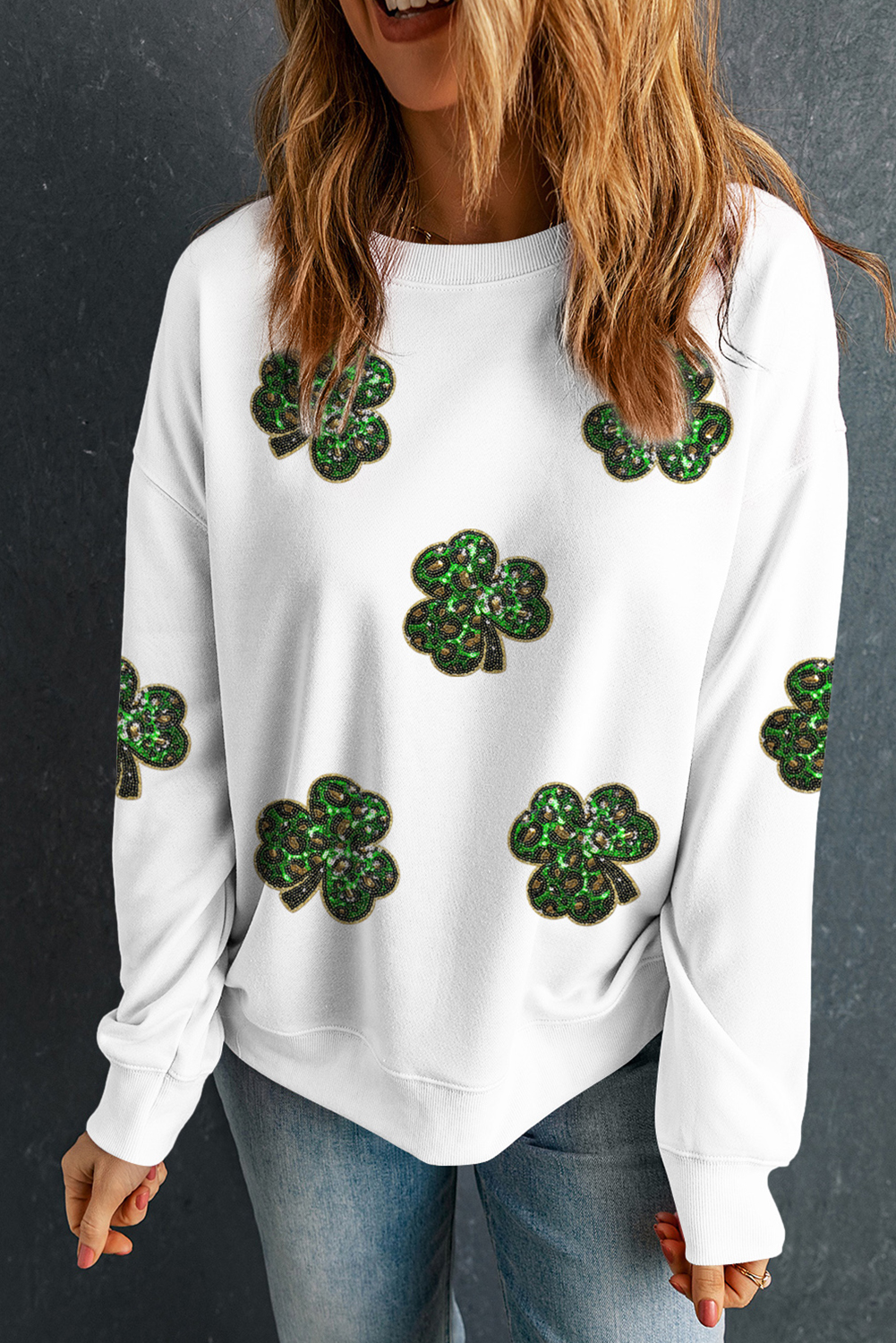 White Sequin Clover Patched Pattern St Patrick Pullover Sweatshirt - loveforevers