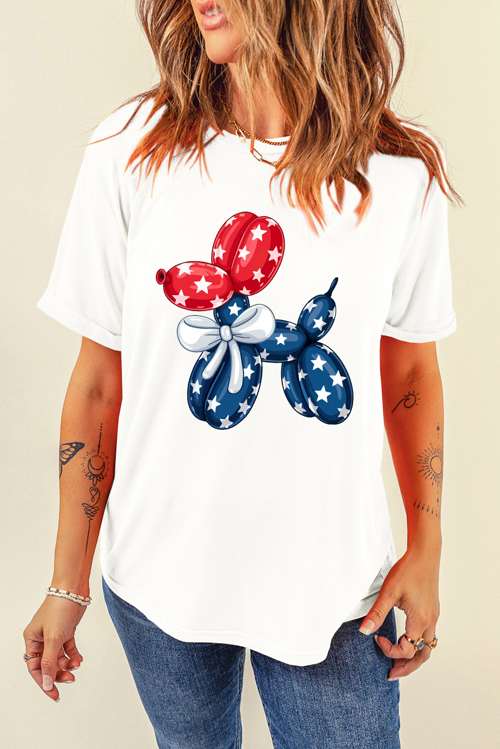 White American Flag Inspired Balloon Dog Graphic Cotton Blend T Shirt - loveforevers