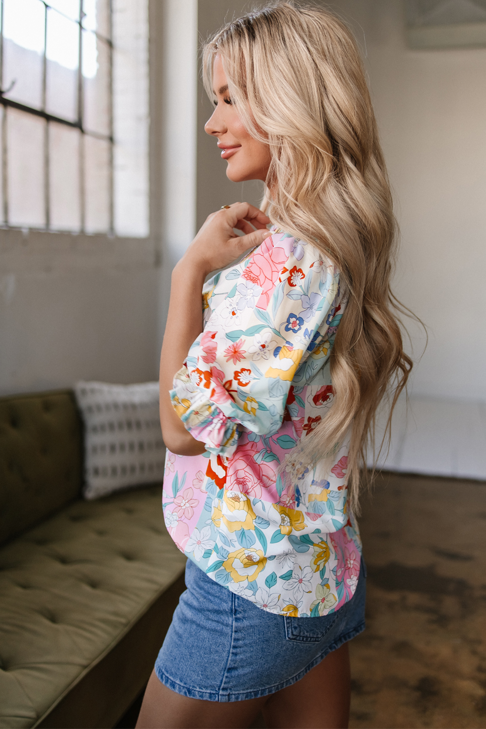 Pink Boho Flower Print Half Puff Sleeve Blouse - loveforevers