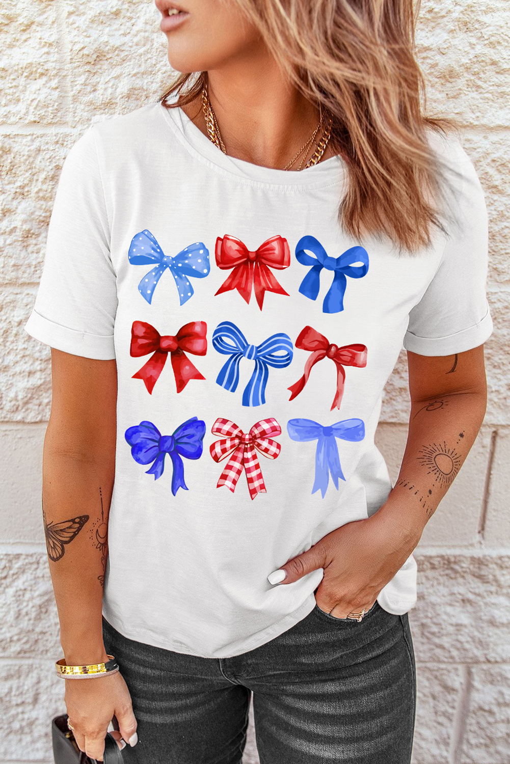 White USA Inspire Bow Print Crewneck Independence Day Tee - loveforevers