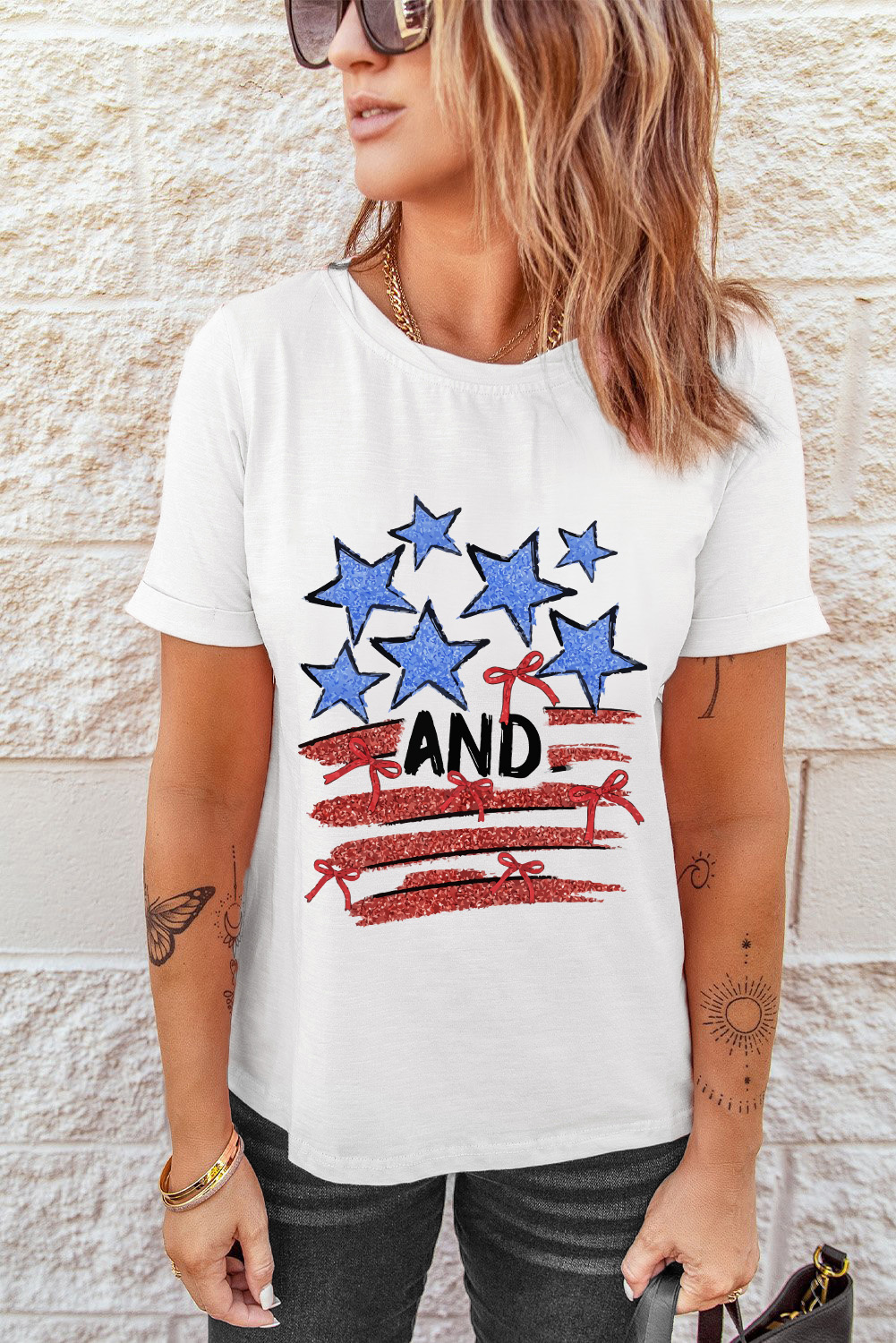 White Stars AND Stripes Bow Graphic T Shirt - loveforevers