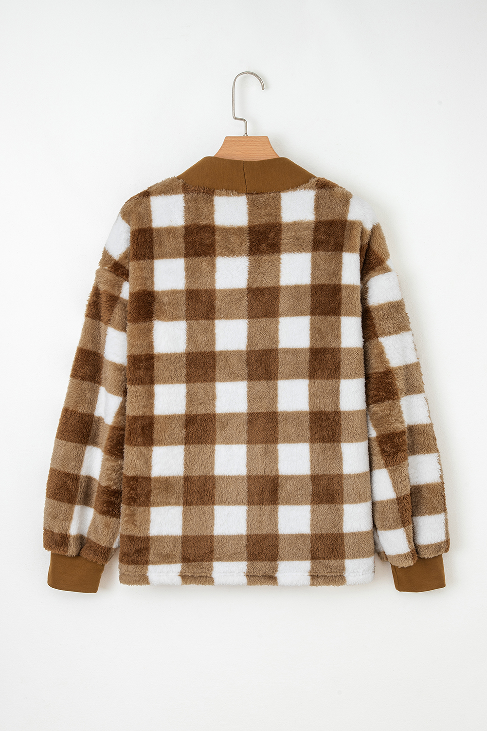 Brown Checkered Sherpa Loose Knit Cardigan with Pockets - loveforevers