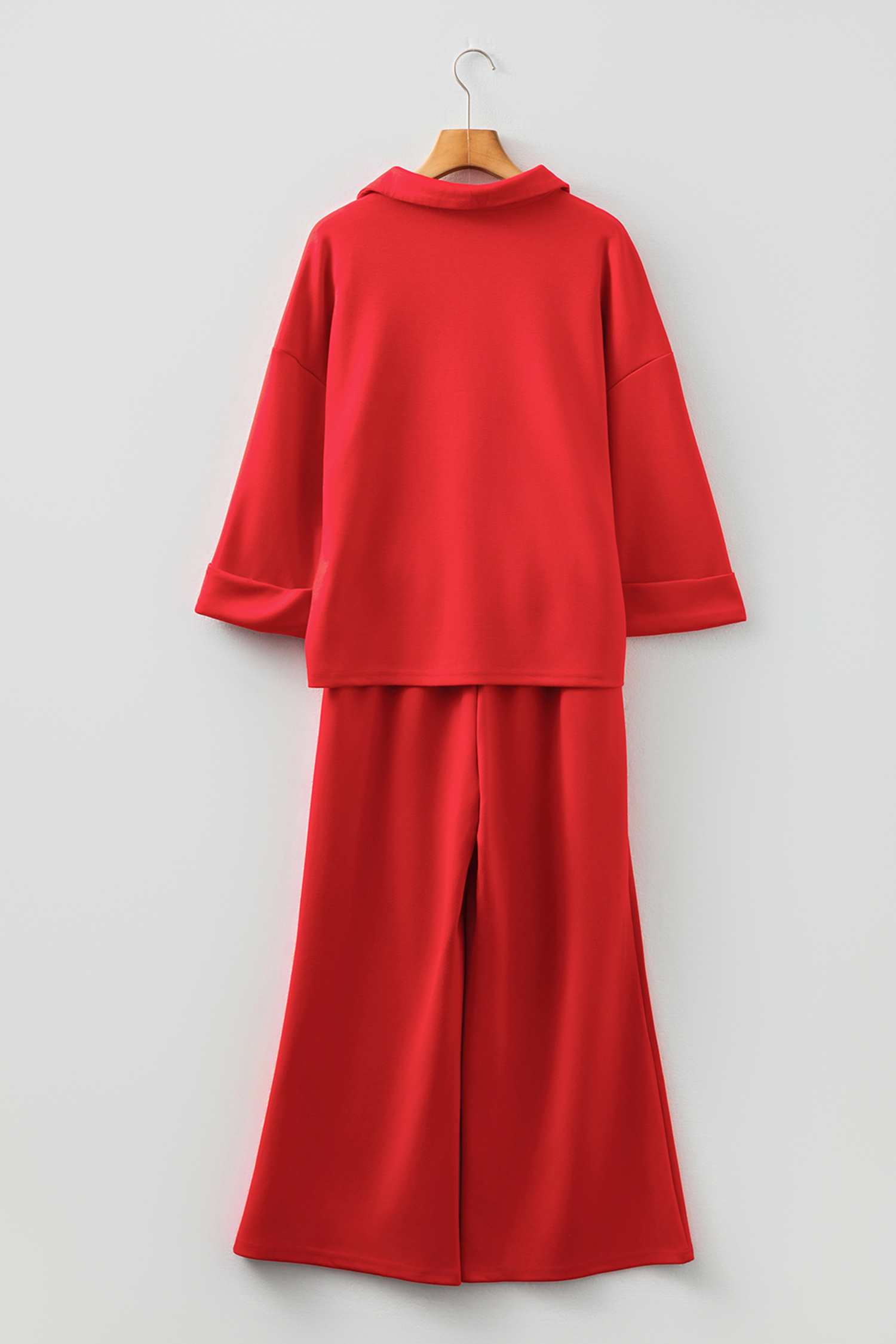 Fiery Red Polo Collar V Neck 3/4 Sleeve Pullover Drawstring Bell Bottom Pants 2pcs Set - loveforevers