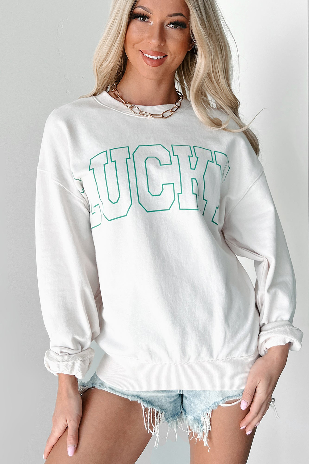 White St Patricks LUCKY Graphic Crew Neck Pullover Sweatshirt - loveforevers