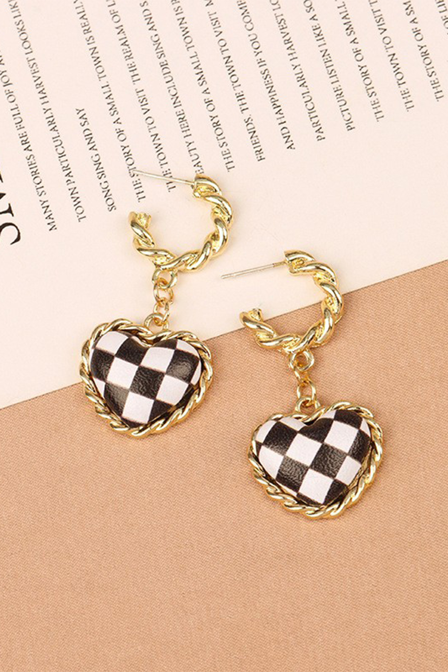 Black Checkered Heart Dangle Gold Plated Twisted Hoop Stud Earrings - loveforevers