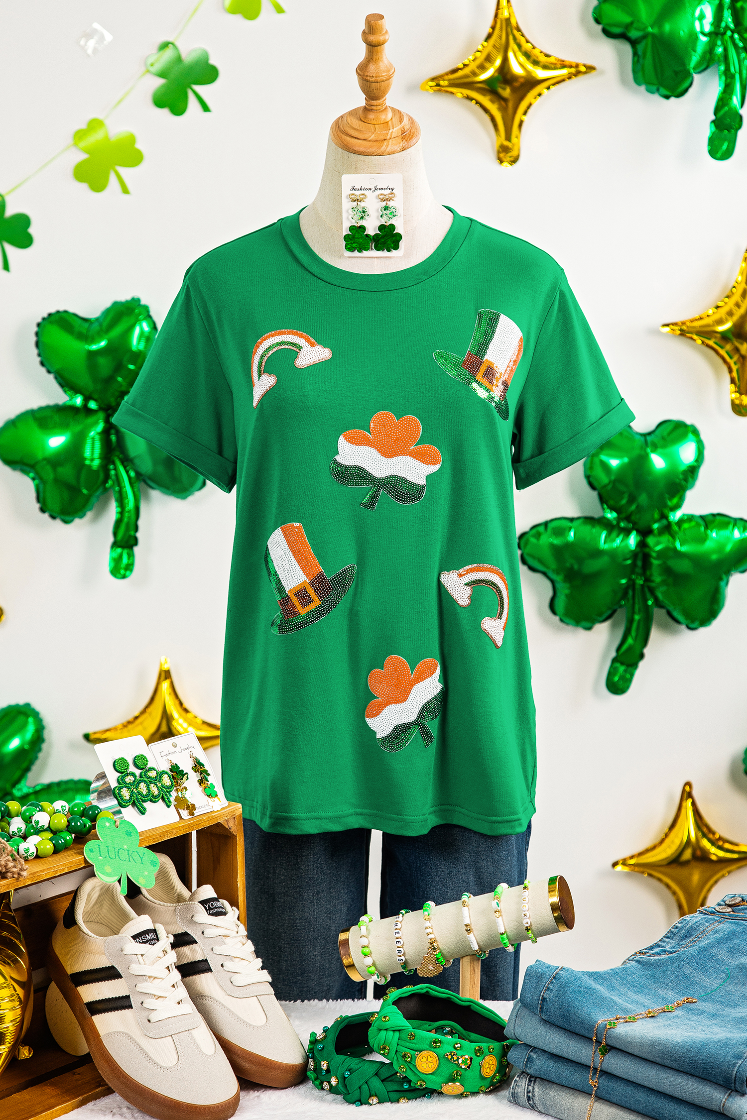 Bright Green St Patricks Day Elements Sequin Graphic Tee - loveforevers
