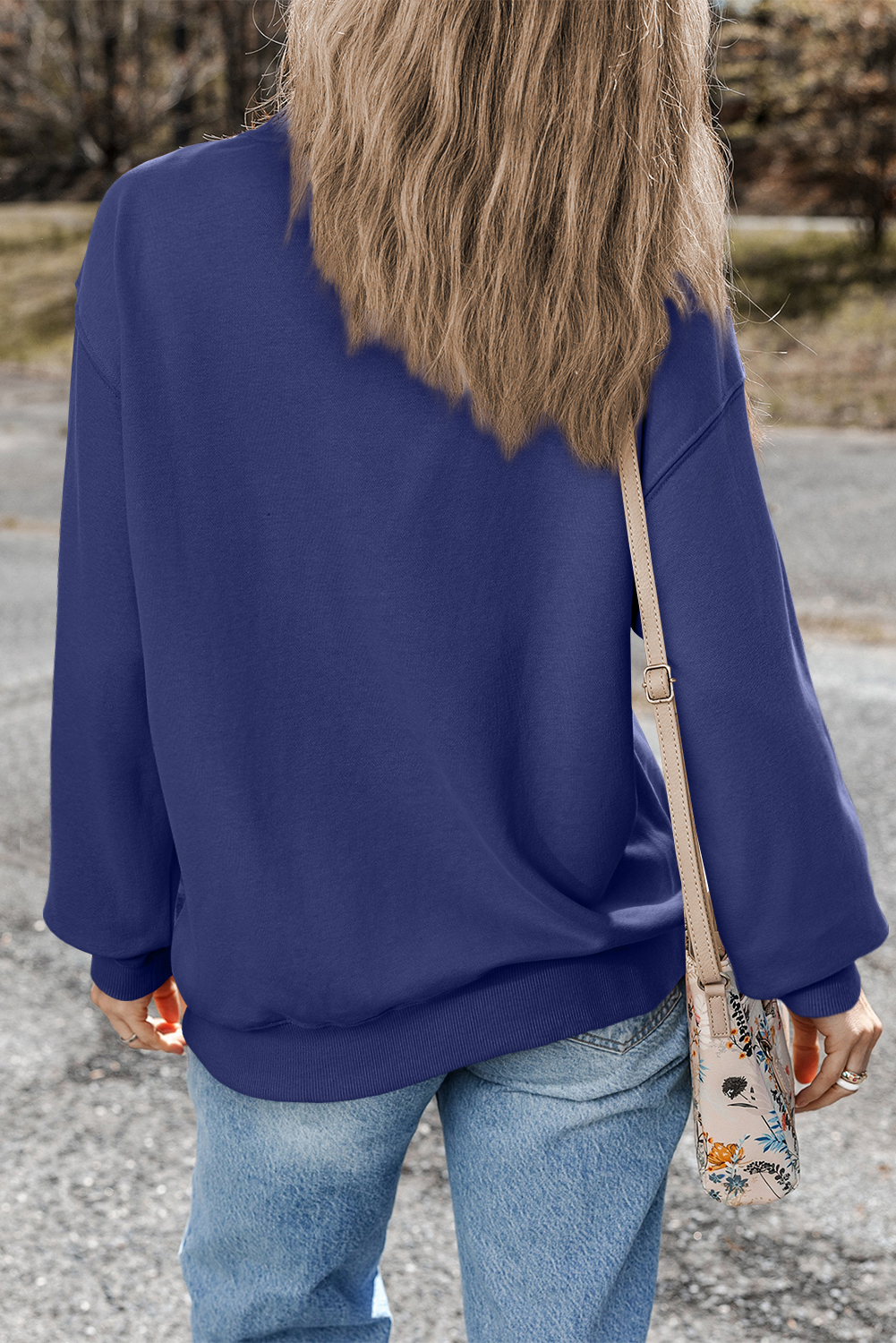 Navy Blue Plain Drop Shoulder Crewneck Pullover Sweatshirt - loveforevers