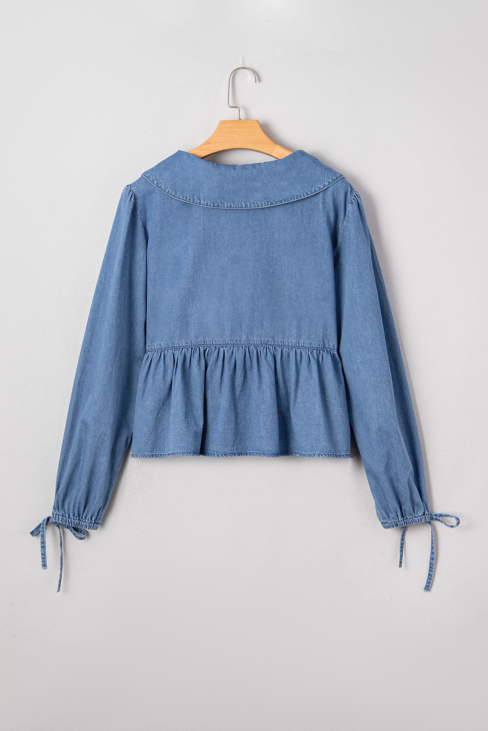 Dusk Blue Denim Lapel Neck Balloon Sleeve Tied Peplum Top - loveforevers