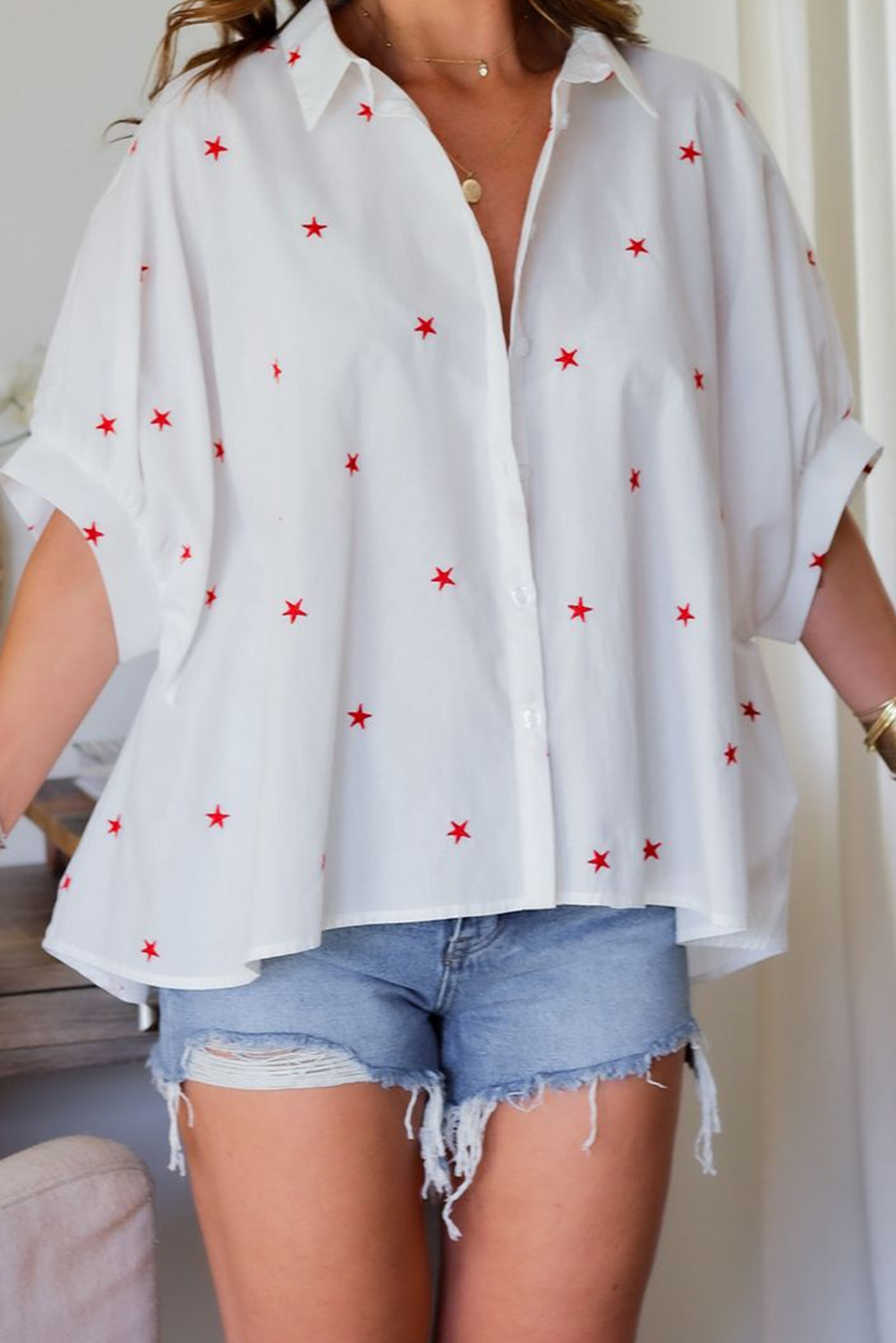 White Little Stars Printed Loose Half Sleeve Loose Shirt - loveforevers