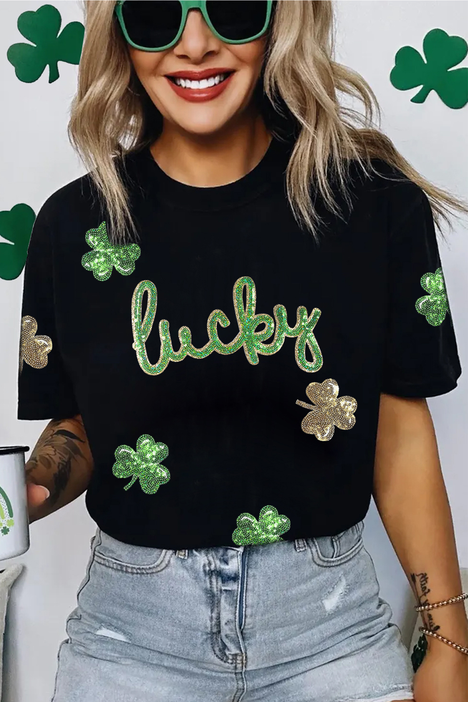 Black Lucky Sequin Shamrock Irish Festive Graphic Tee - loveforevers