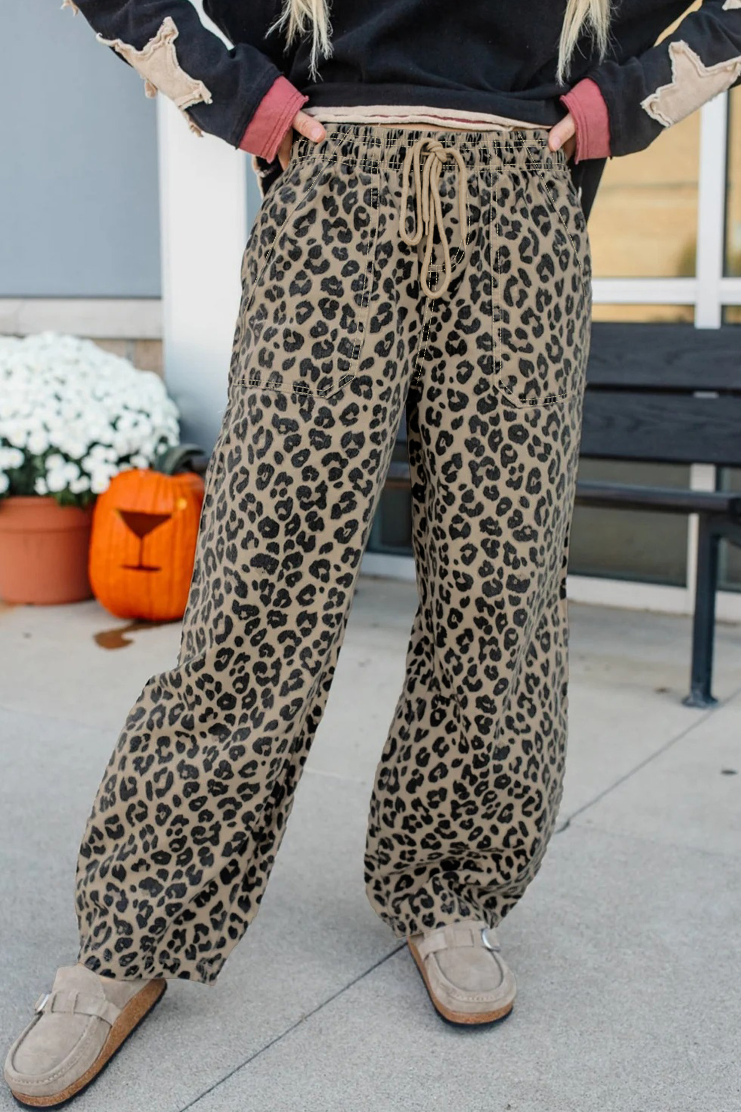 Khaki Leopard Print Drawstring Elastic Waist Loose Denim Pants with Pockets - loveforevers
