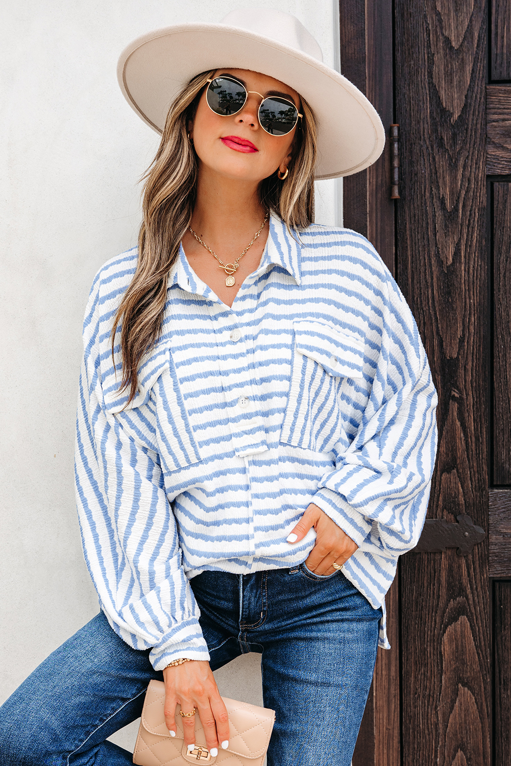 Sky Blue Stripe Half Button Collared Chest Pockets Loose Fit Blouse - loveforevers