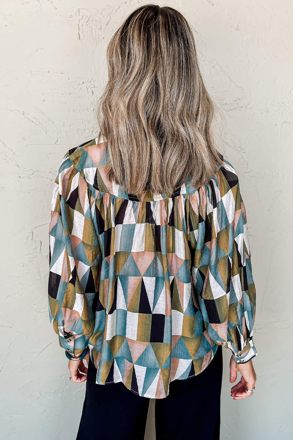 Green Geometric Print Buttoned Balloon Sleeve Loose Fit Shirt - loveforevers