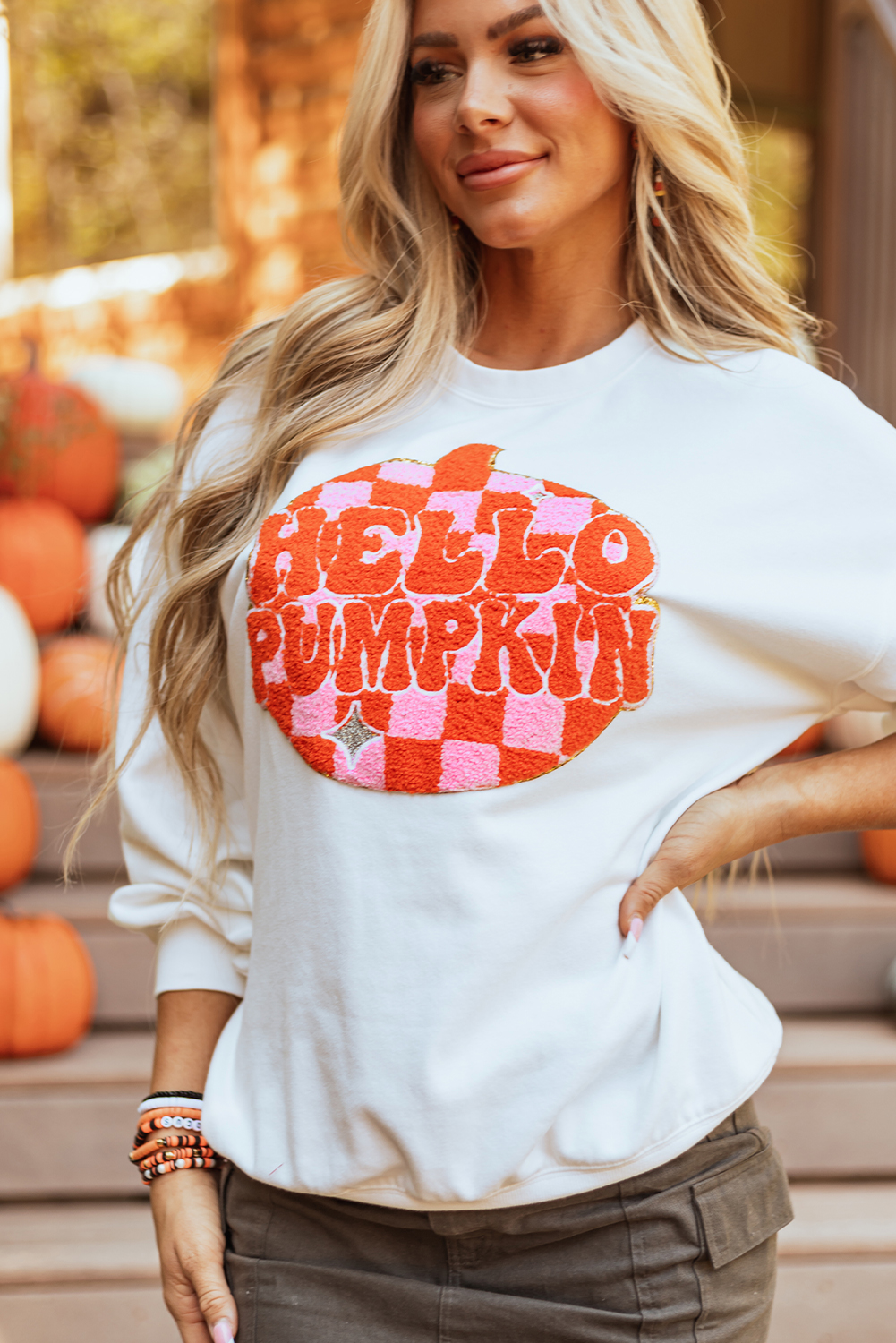 White Terry Halloween Pumpkin Patched Pattern Pullover Sweatshirt - loveforevers