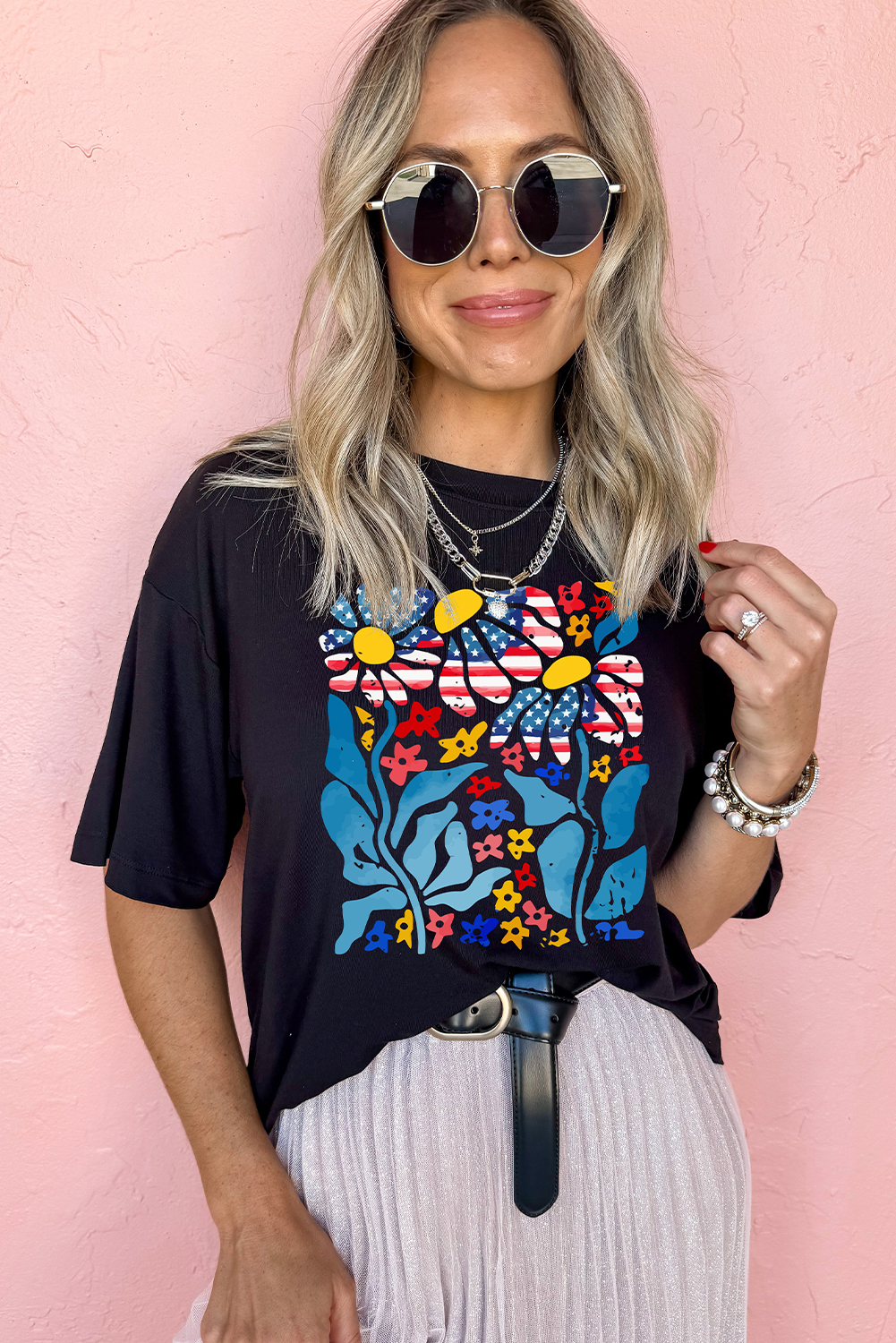 Black USA Flag Flower Graphic Drop Shoulder T Shirt - loveforevers