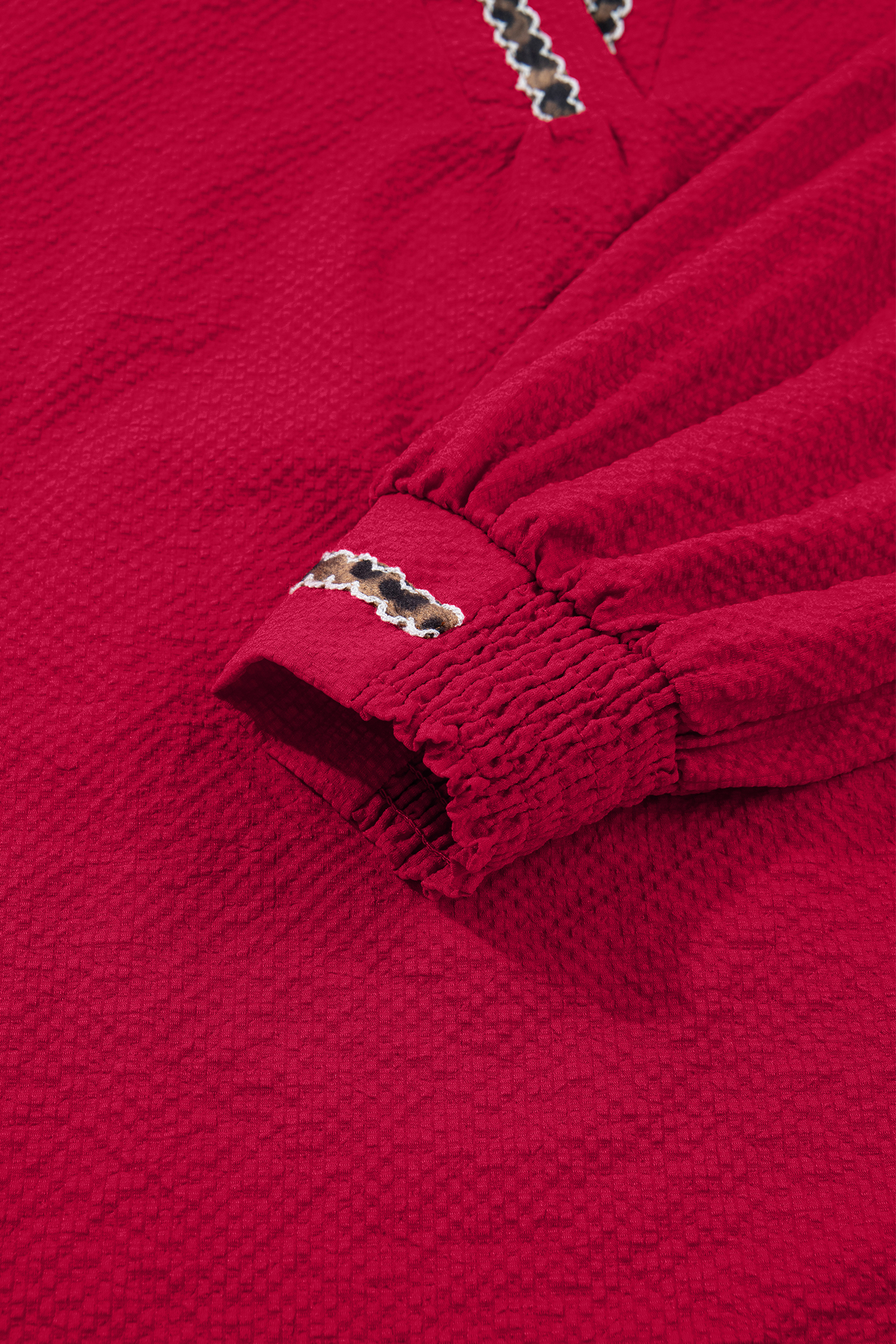 Racing Red Leopard Jacquard Print V Neck Textured Blouse - loveforevers