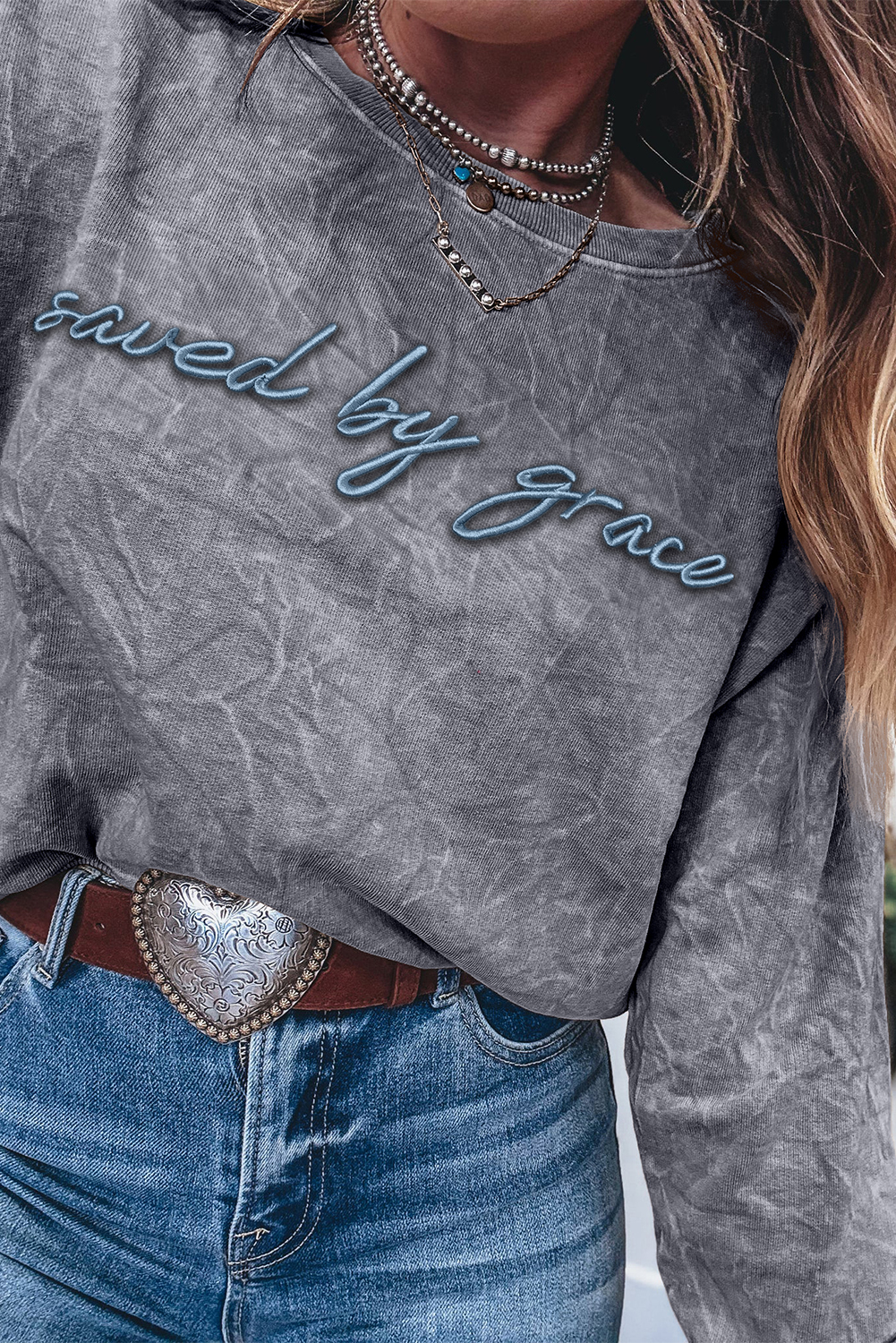 DUNE saved by grace Letter Embroidery Mineral Wash Loose Sweatshirt - loveforevers