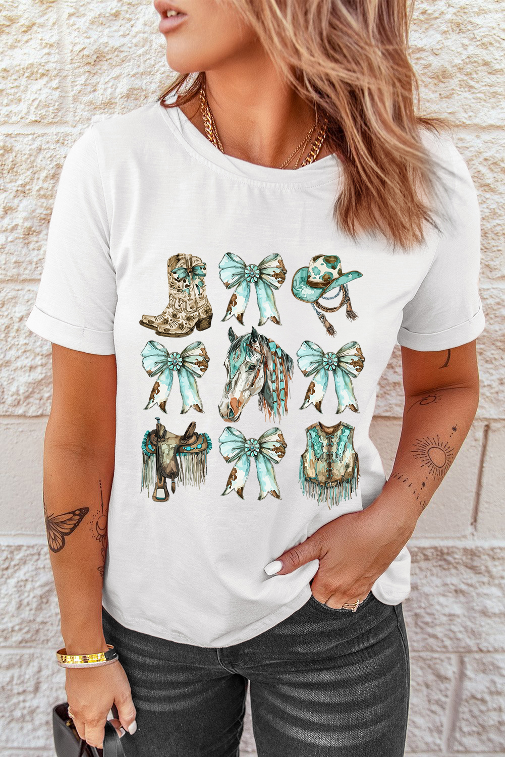 White Horse Bowknot Cowgirl Fashion Print Crewneck Tee - loveforevers
