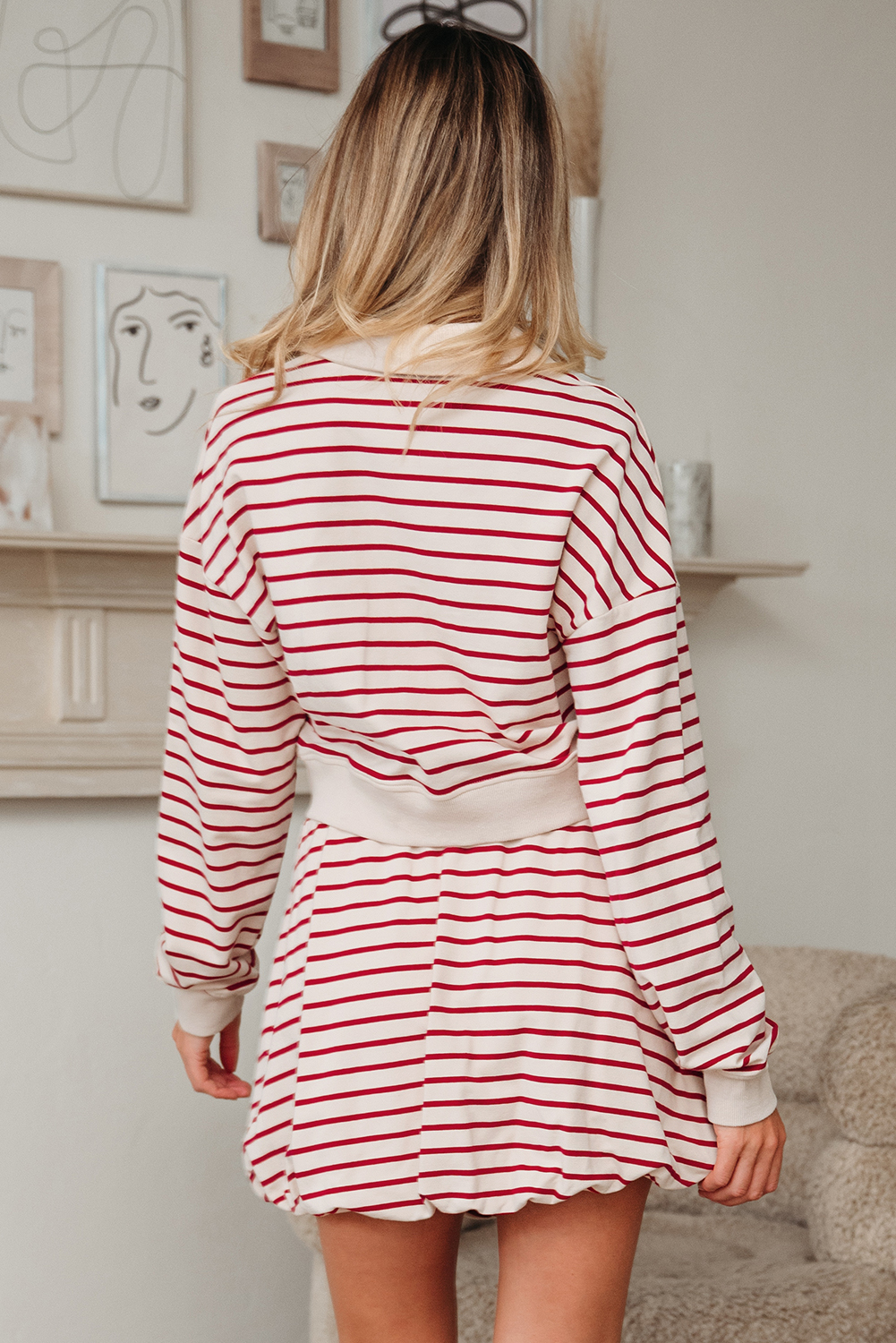 Red Stripe Cropped Collared Drop Shoulder Pullover and Bubble Mini Skirt Set - loveforevers