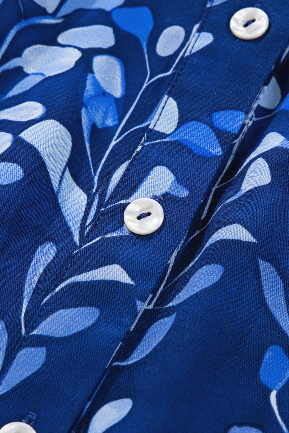 Blue Botanical Print Bracelet Sleeve Notched Neck Blouse - loveforevers