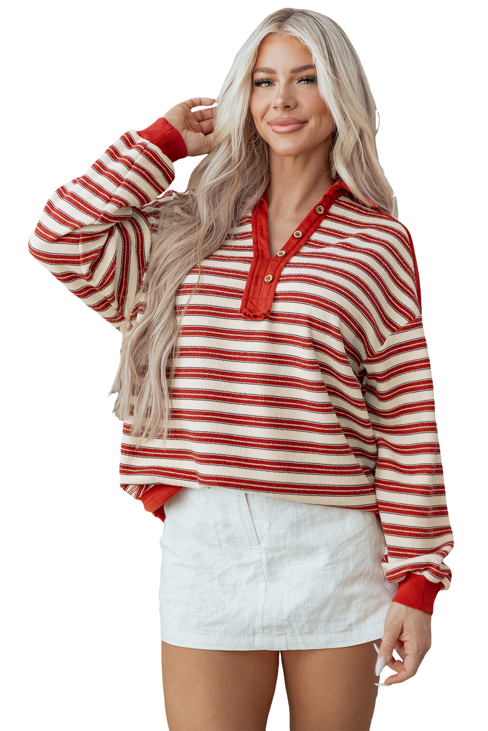 Red Stripe Buttoned V Neck Collared Drop Shoulder Top - loveforevers