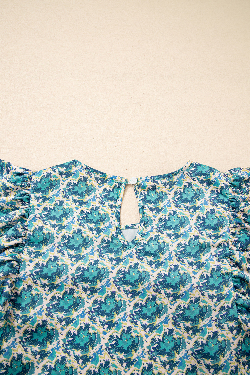 Green Abstract Print Shirred Cuff Puff Sleeve Blouse - loveforevers
