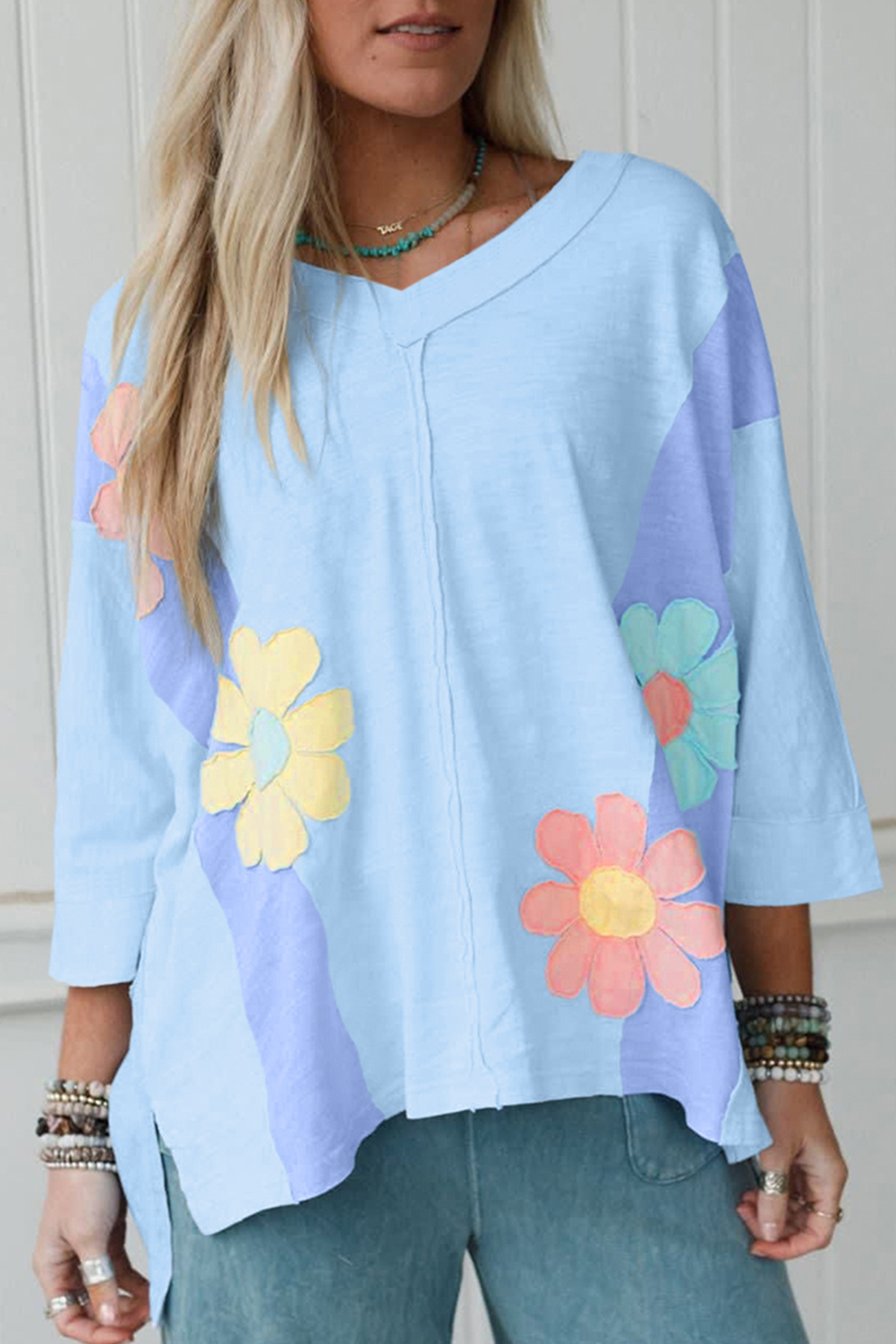 Light Blue Flower Patched Exposed Seam Bracelet Sleeve Oversized T Shirt - loveforevers