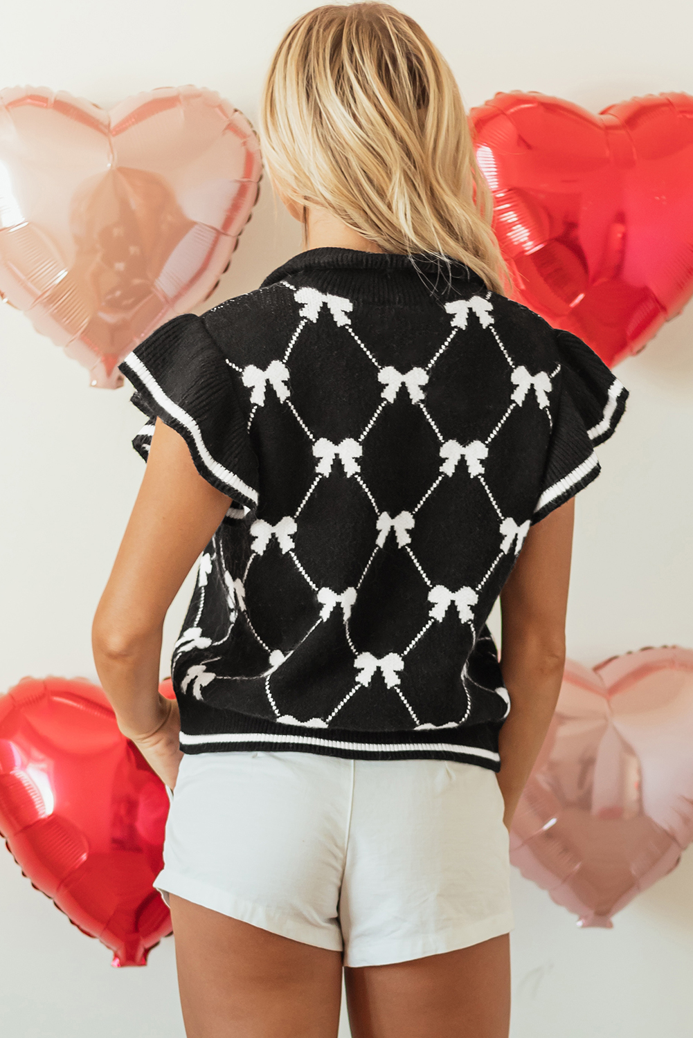 Black Preppy Vibes Bow Print Zipped Collar Sweater Tee - loveforevers