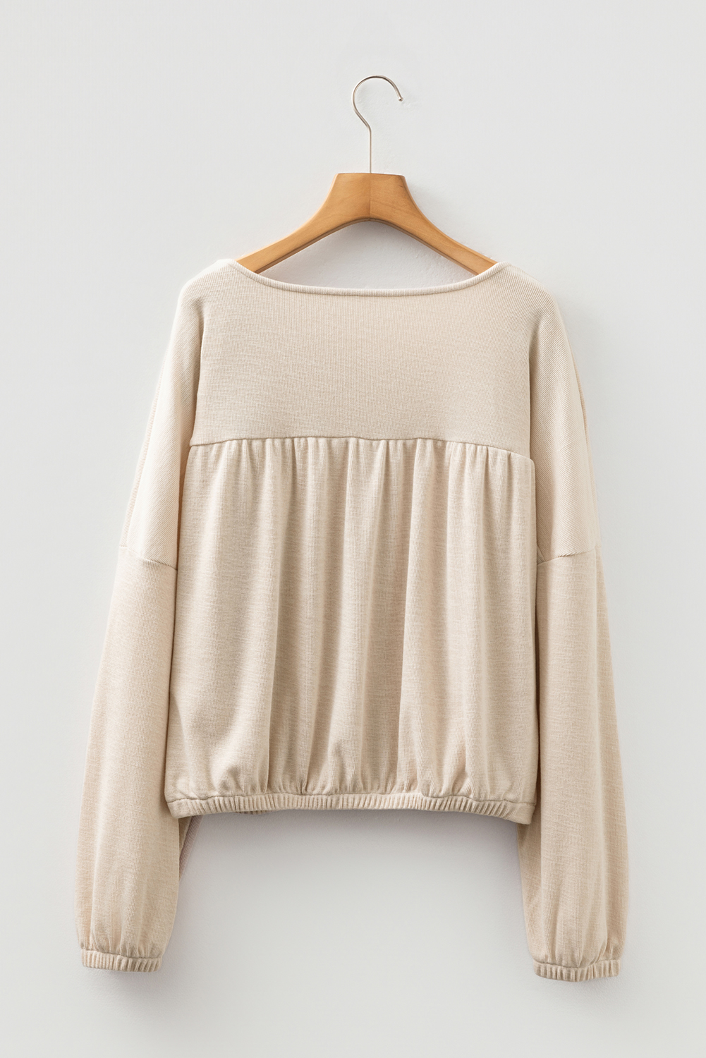 Jet Stream Textured Pleated Drop Shoulder Long Sleeve Knit Top - loveforevers