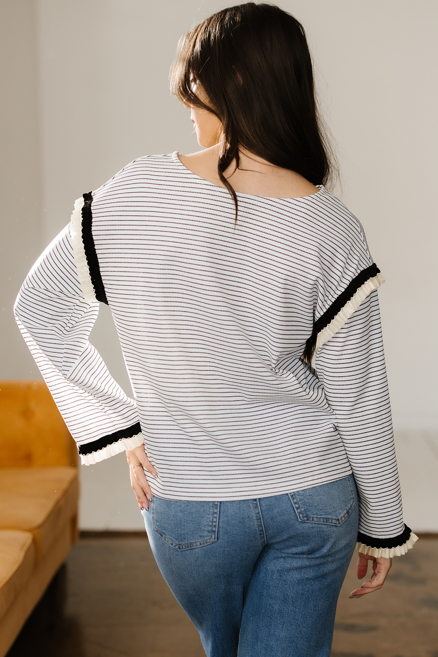 White Stripe Contrasted Ruffle Trim Loose Long Sleeve Top - loveforevers
