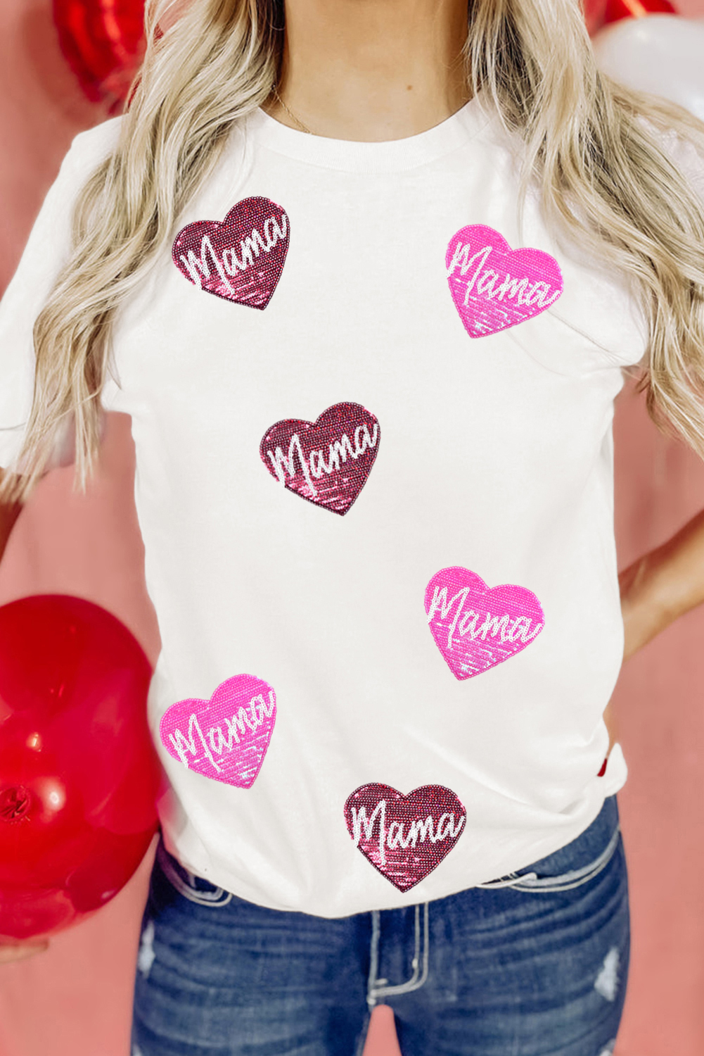 White mama Heart Shape Sequin Patched Crew Neck T Shirt - loveforevers