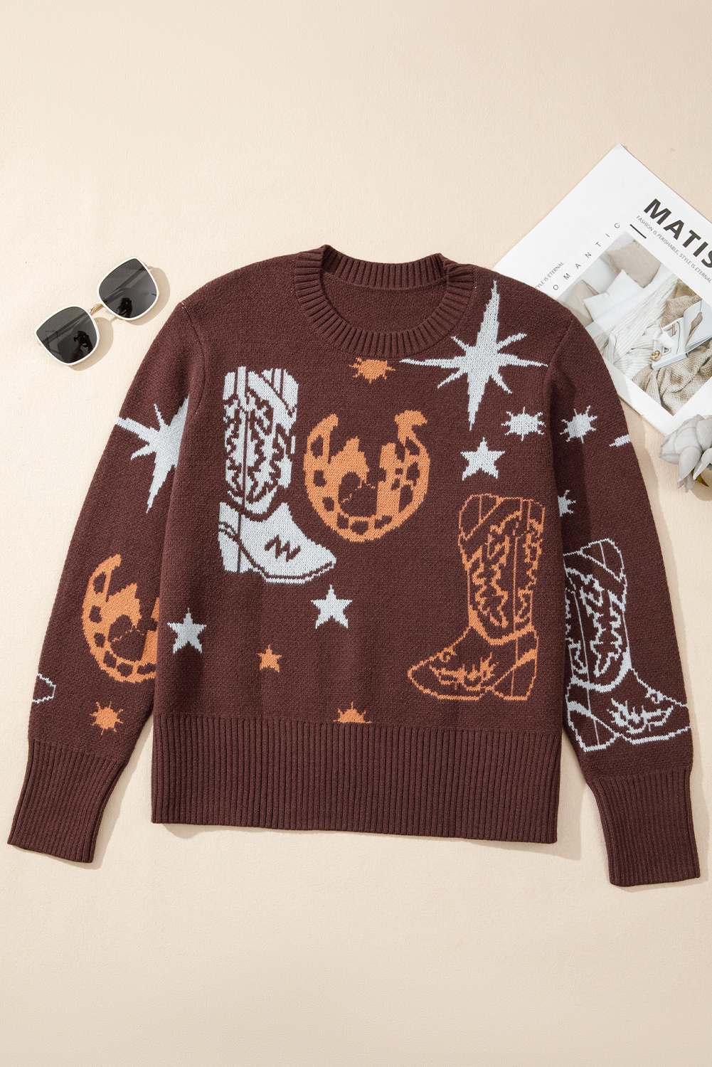 Brown Cowgirl Fashion Print Casual Sweater - loveforevers