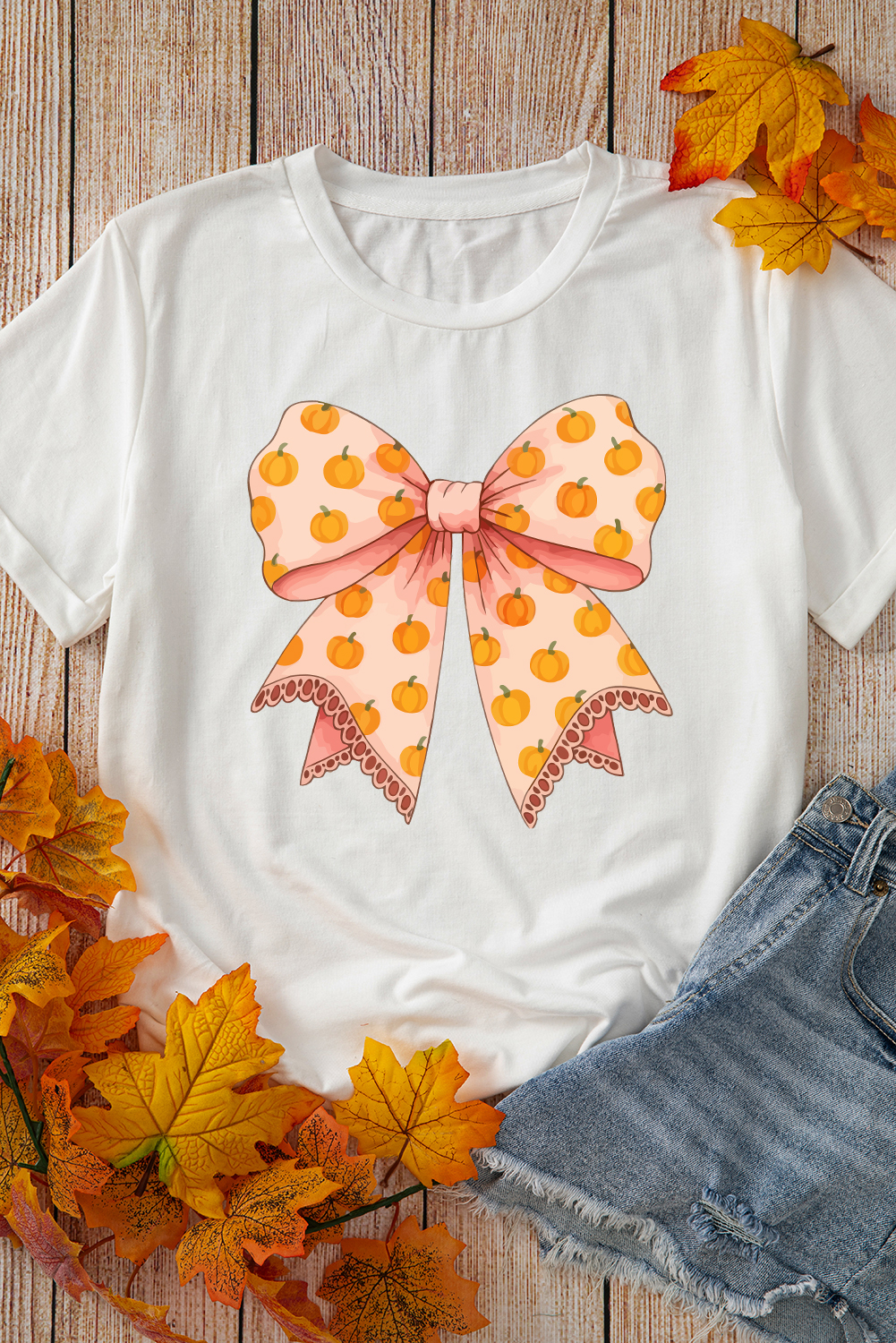 White Pumpkin Bow Print Thanksgiving T Shirt - loveforevers
