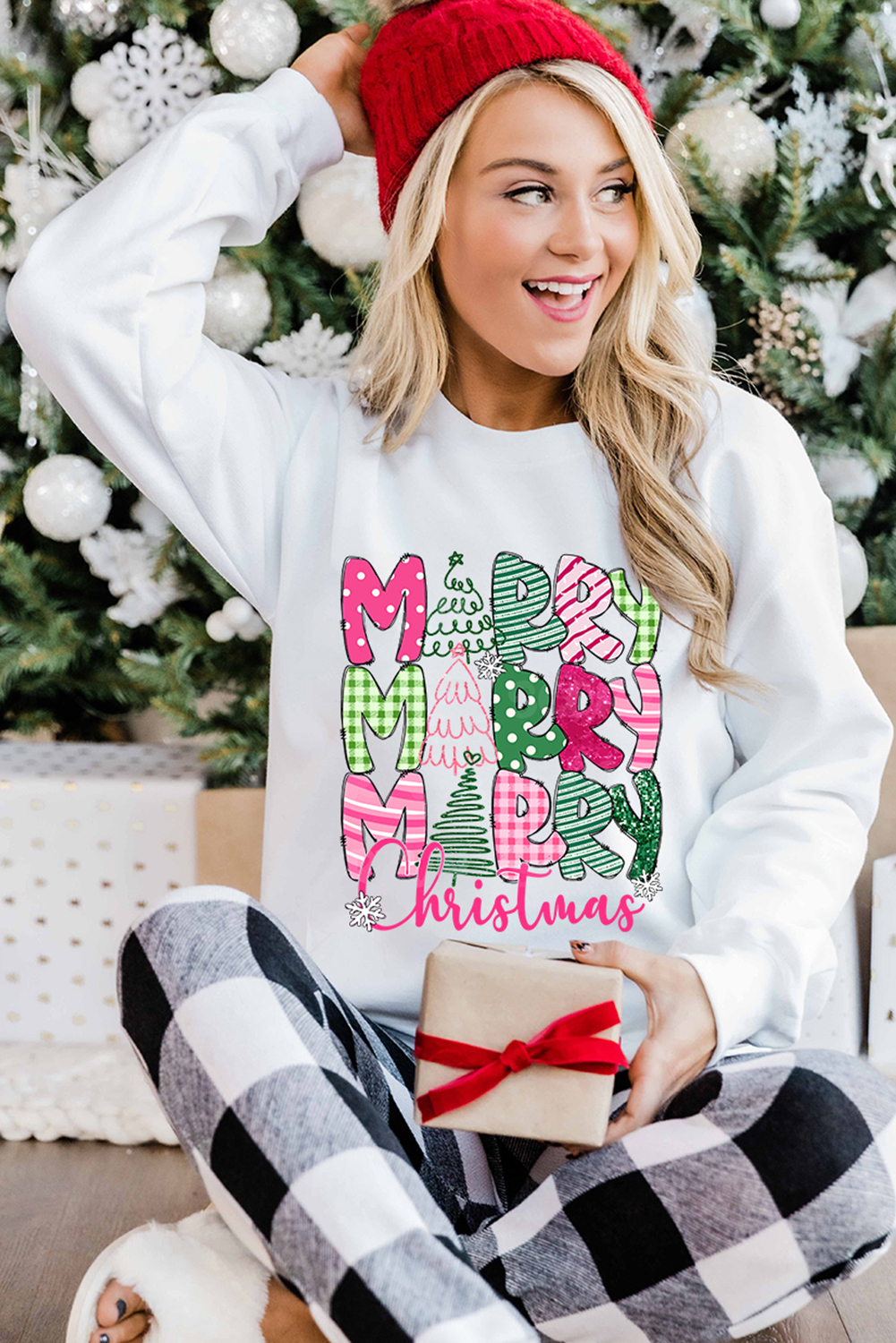 Beige MERRY Christmas Printed Drop Shoulder Pullover Sweatshirt - loveforevers