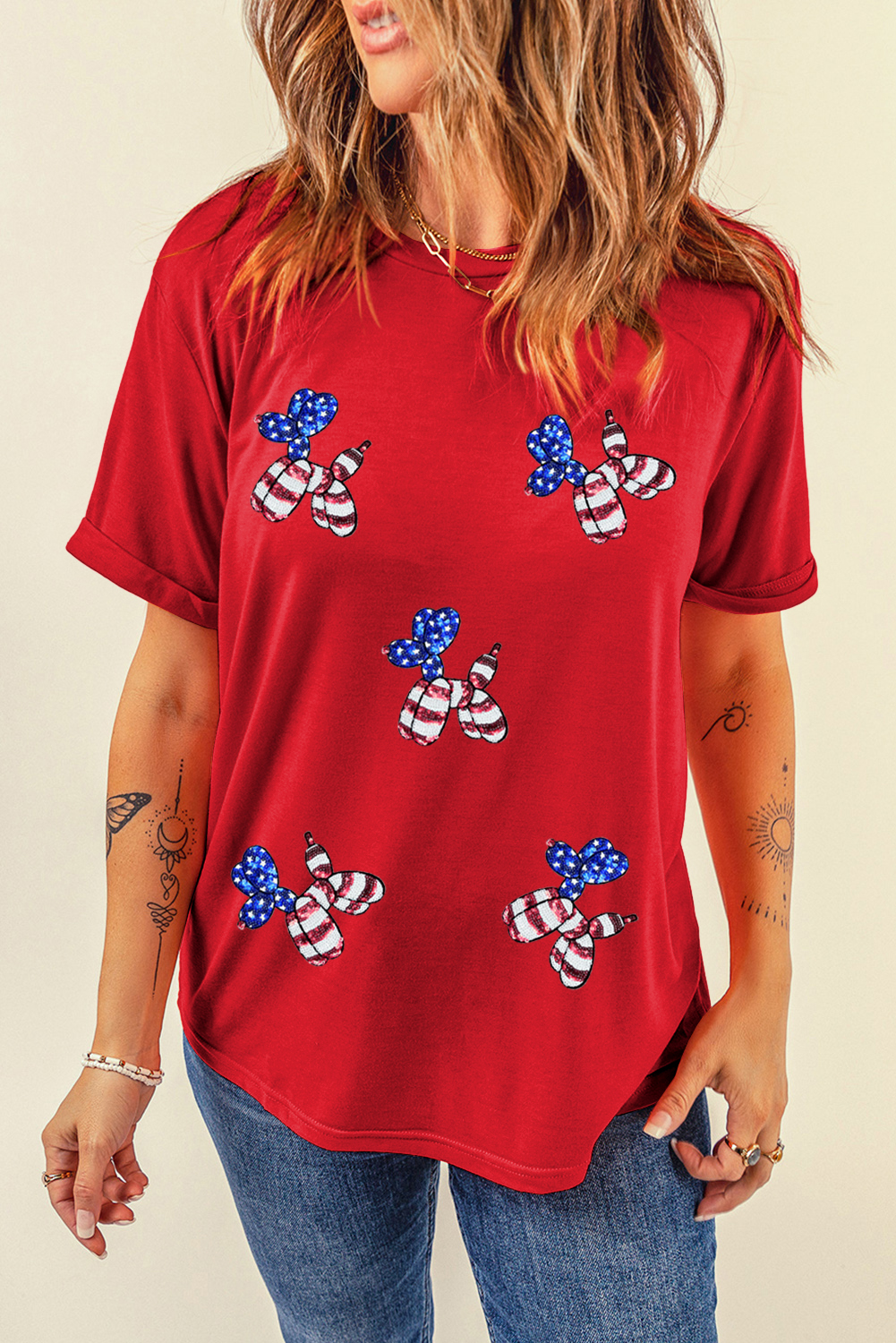White Sequin Stars and Stripes Balloon Puppy Graphic Crewneck Tee - loveforevers