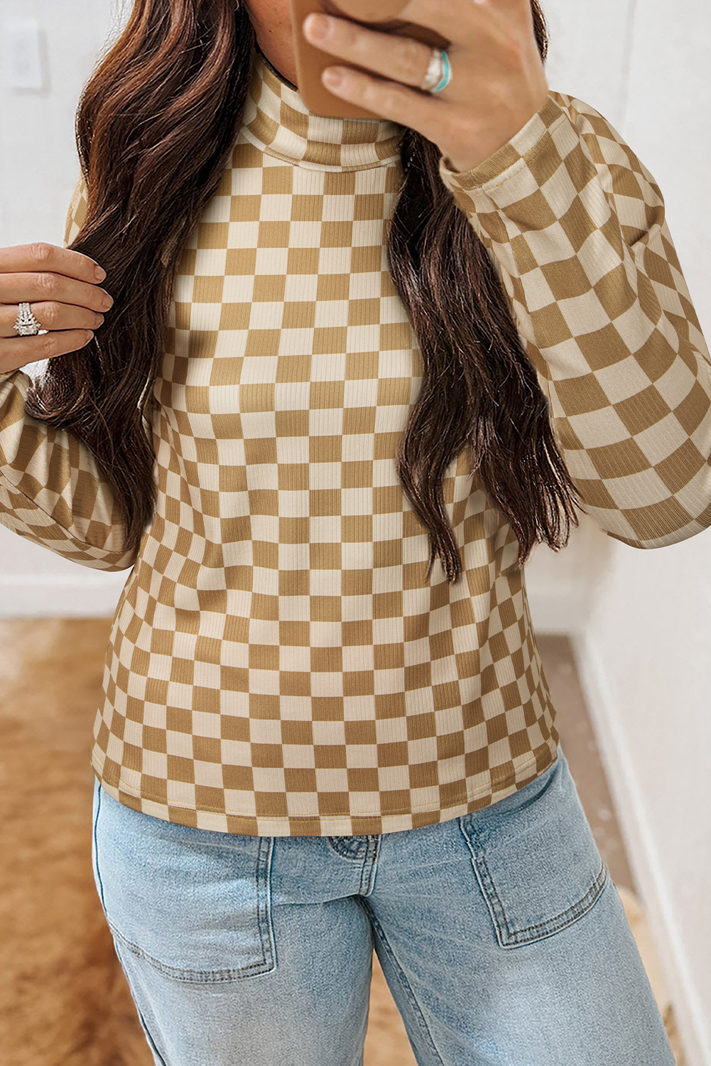 Khaki Check Pattern Turtleneck Ribbed Slim Long Sleeve Tee - loveforevers